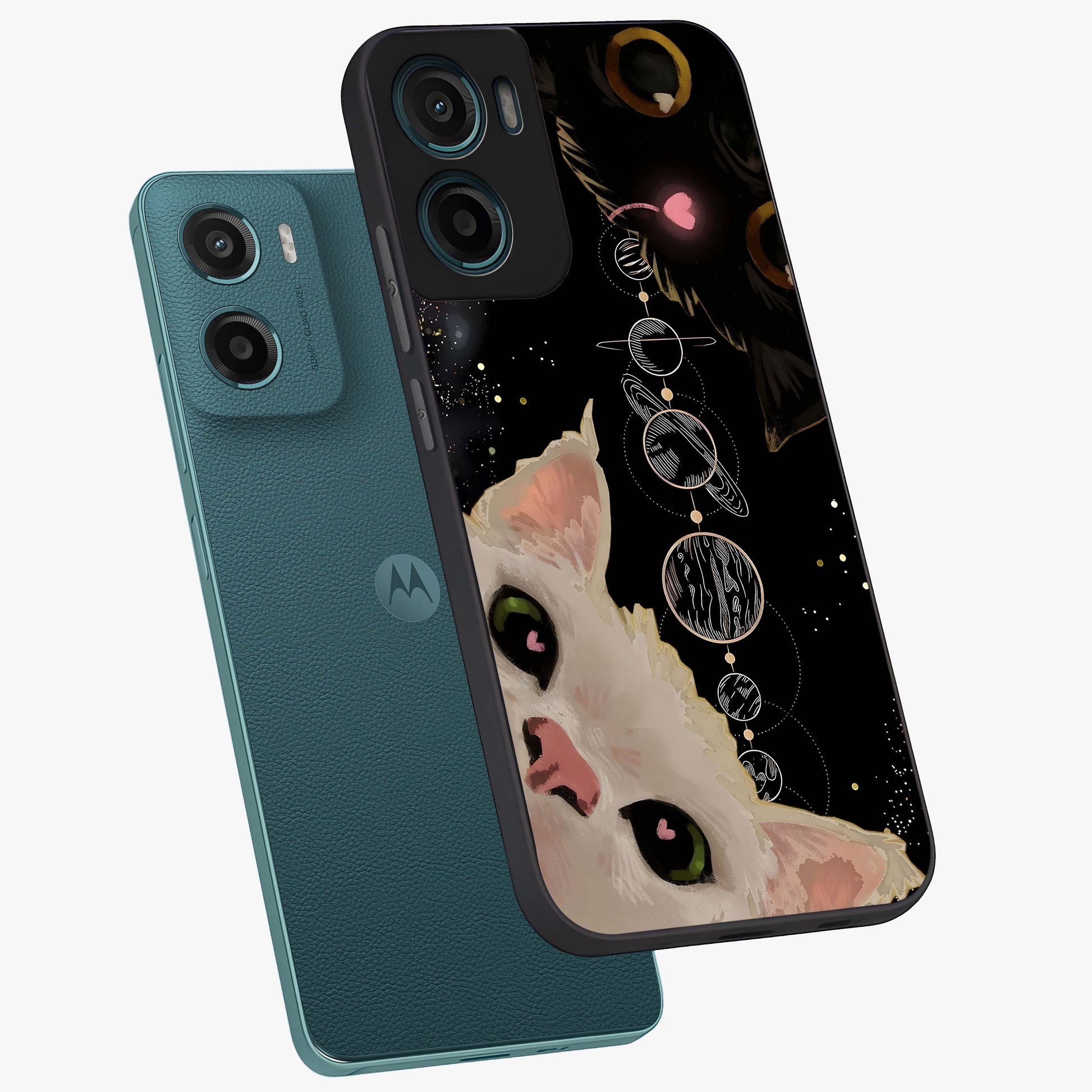 Galactic Cat Glass Case displayed in angled mockup highlighting celestial feline illustration with galaxy aesthetic style.