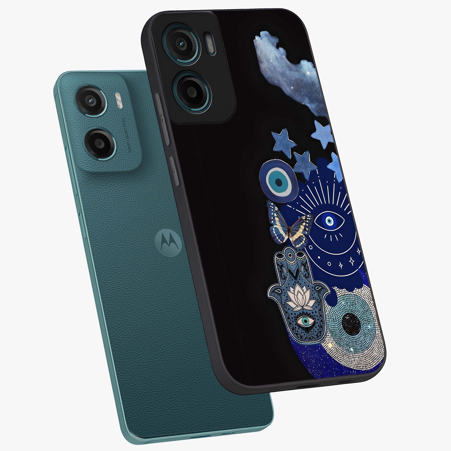 Galactic Charm Cluster Glass Case displayed in angled mockup highlighting luminous galaxy inspired design with dreamy aesthetic.