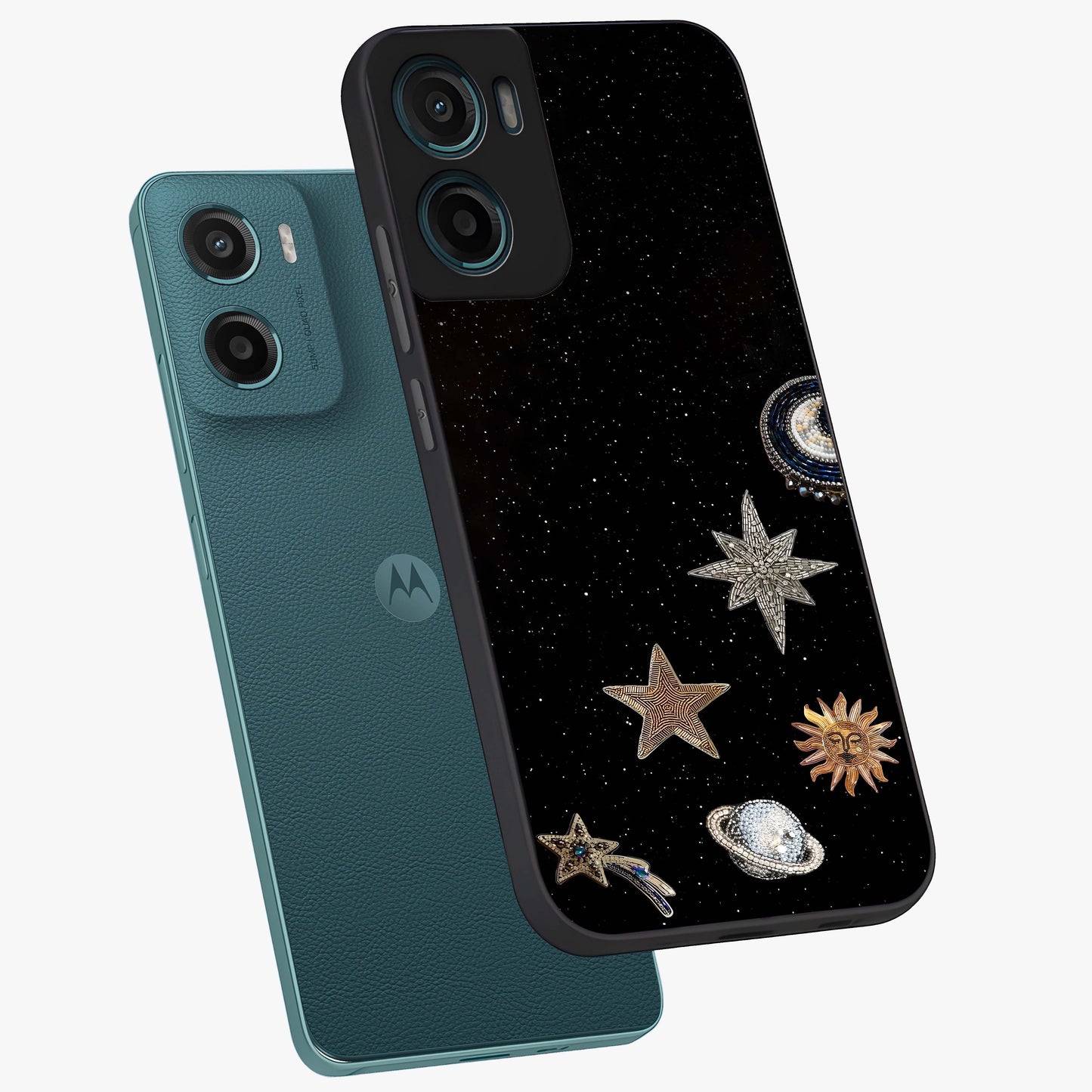 Galactic Charm Glow Glass Case displayed in angled mockup highlighting luminous galaxy inspired design with dreamy aesthetic.