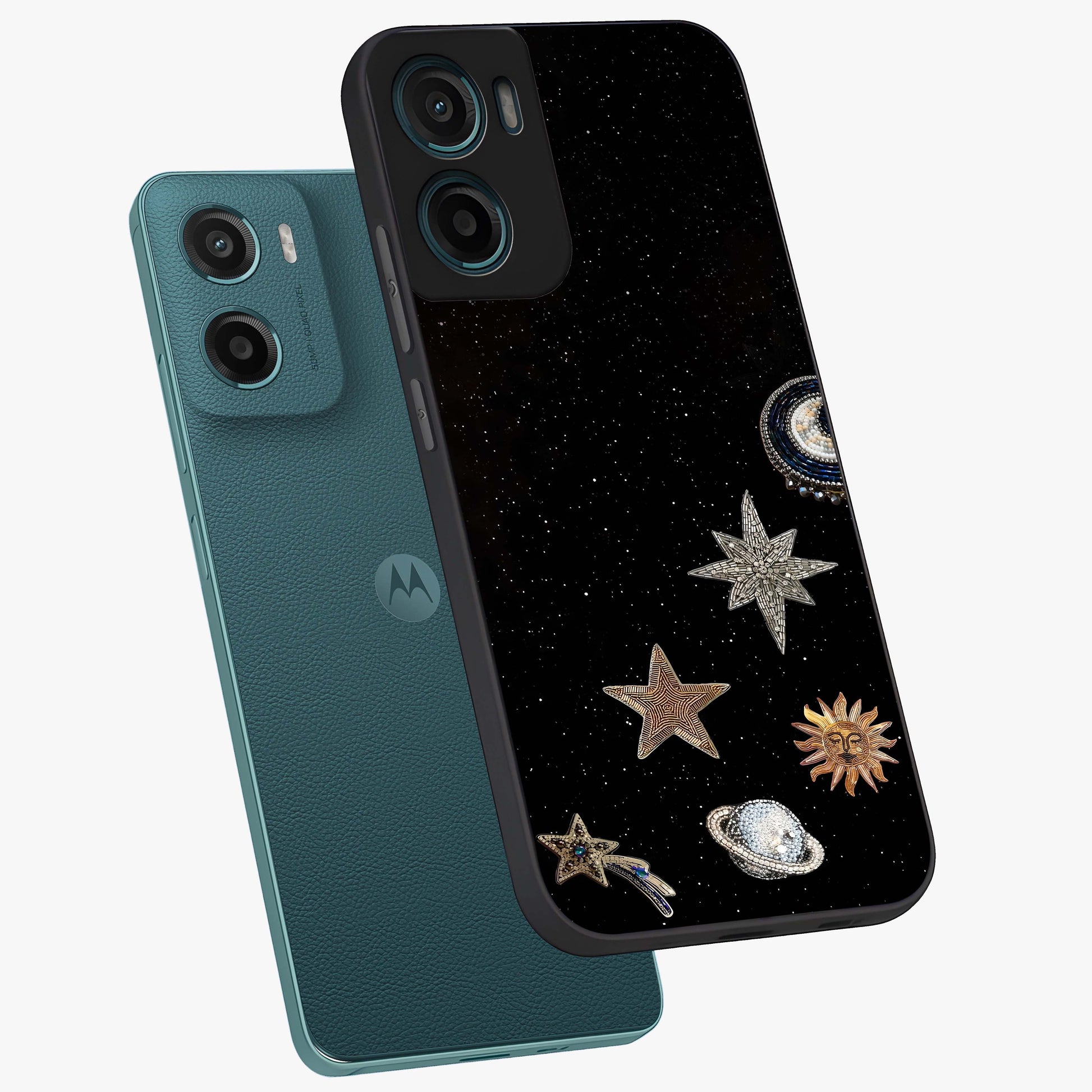 Galactic Charm Glow Glass Case displayed in angled mockup highlighting luminous galaxy inspired design with dreamy aesthetic.