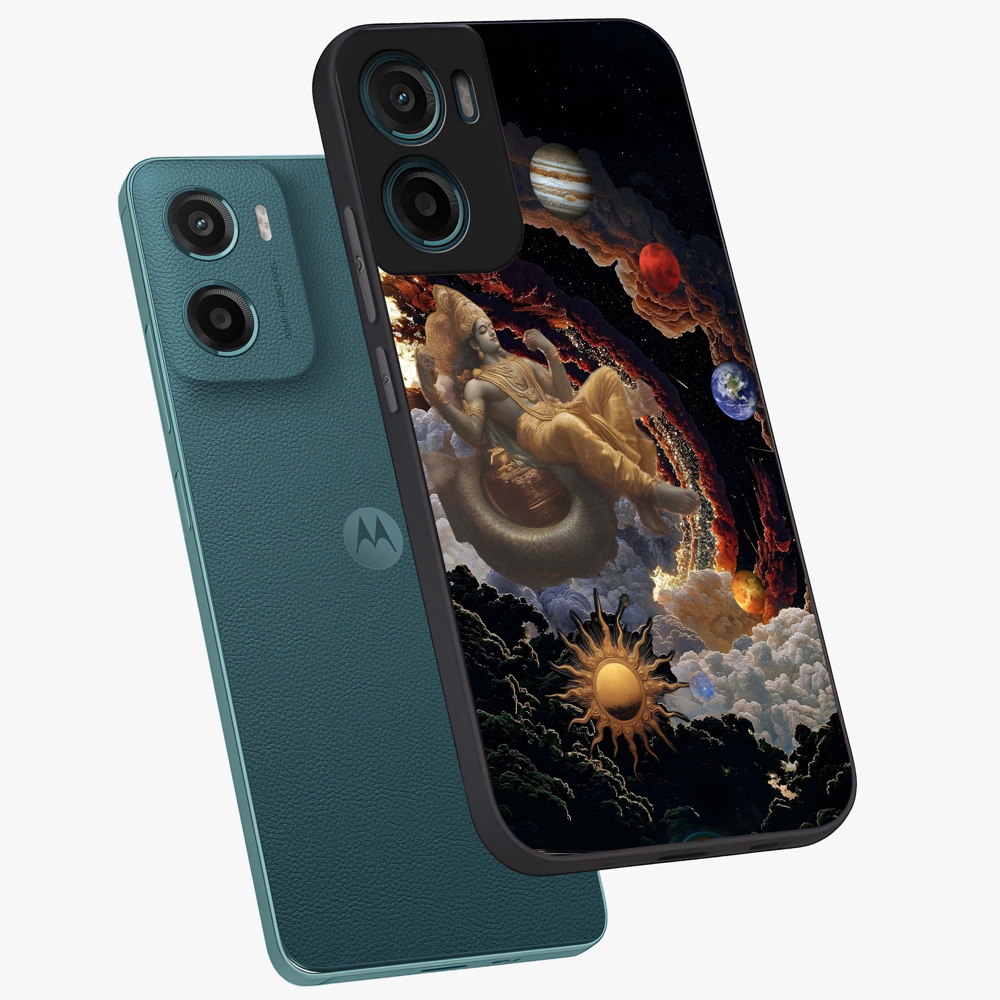 Galactic Divine God Glass Case displayed in angled mockup highlighting powerful celestial deity illustration with galactic aesthetic.