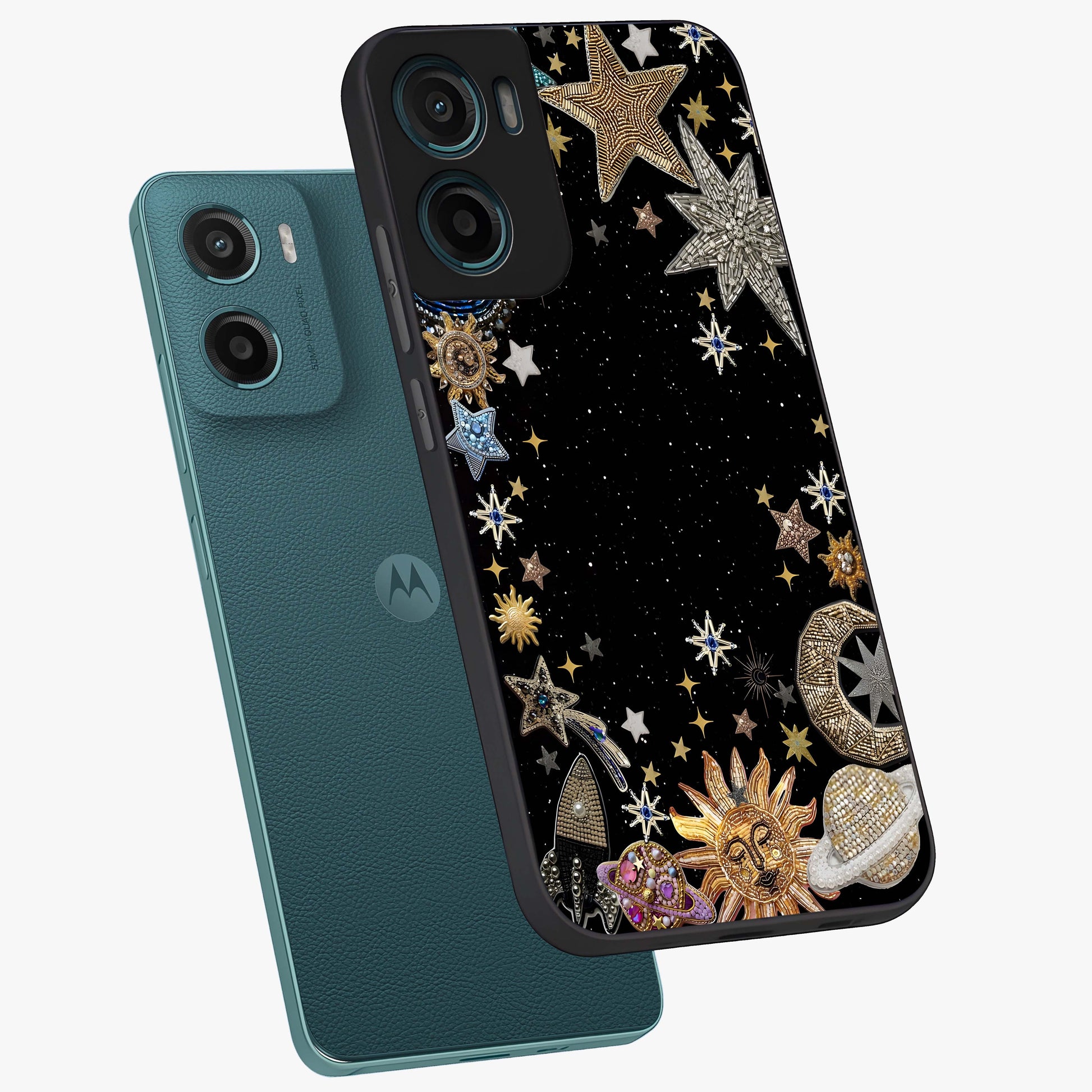 Galactic Jewel Stars Glass Case displayed in angled mockup highlighting shining celestial star design with cosmic aesthetic style.