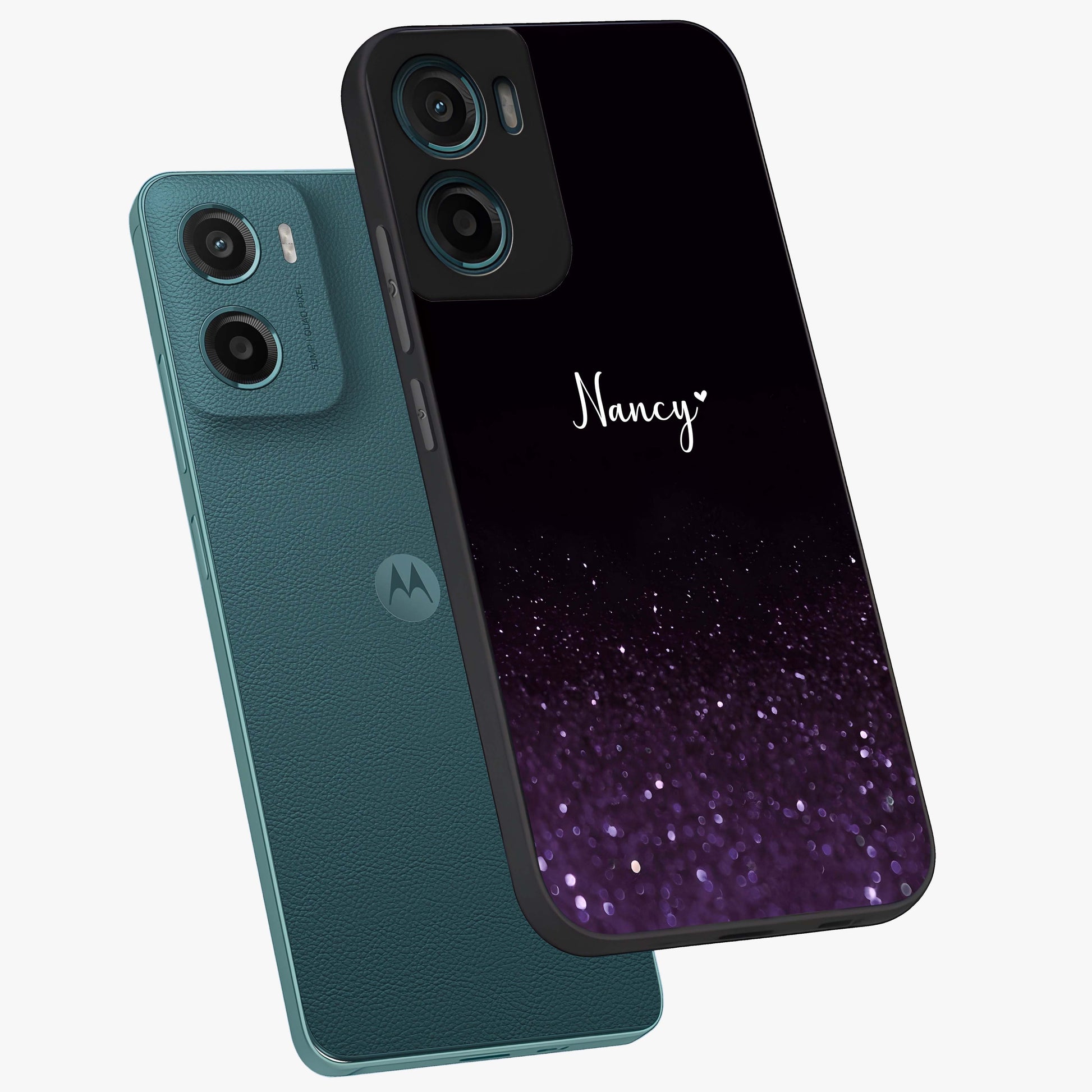 Glittery Purple Bokeh Custom Name Glass Case displayed in angled mockup highlighting glitter bokeh pattern with custom name feature.