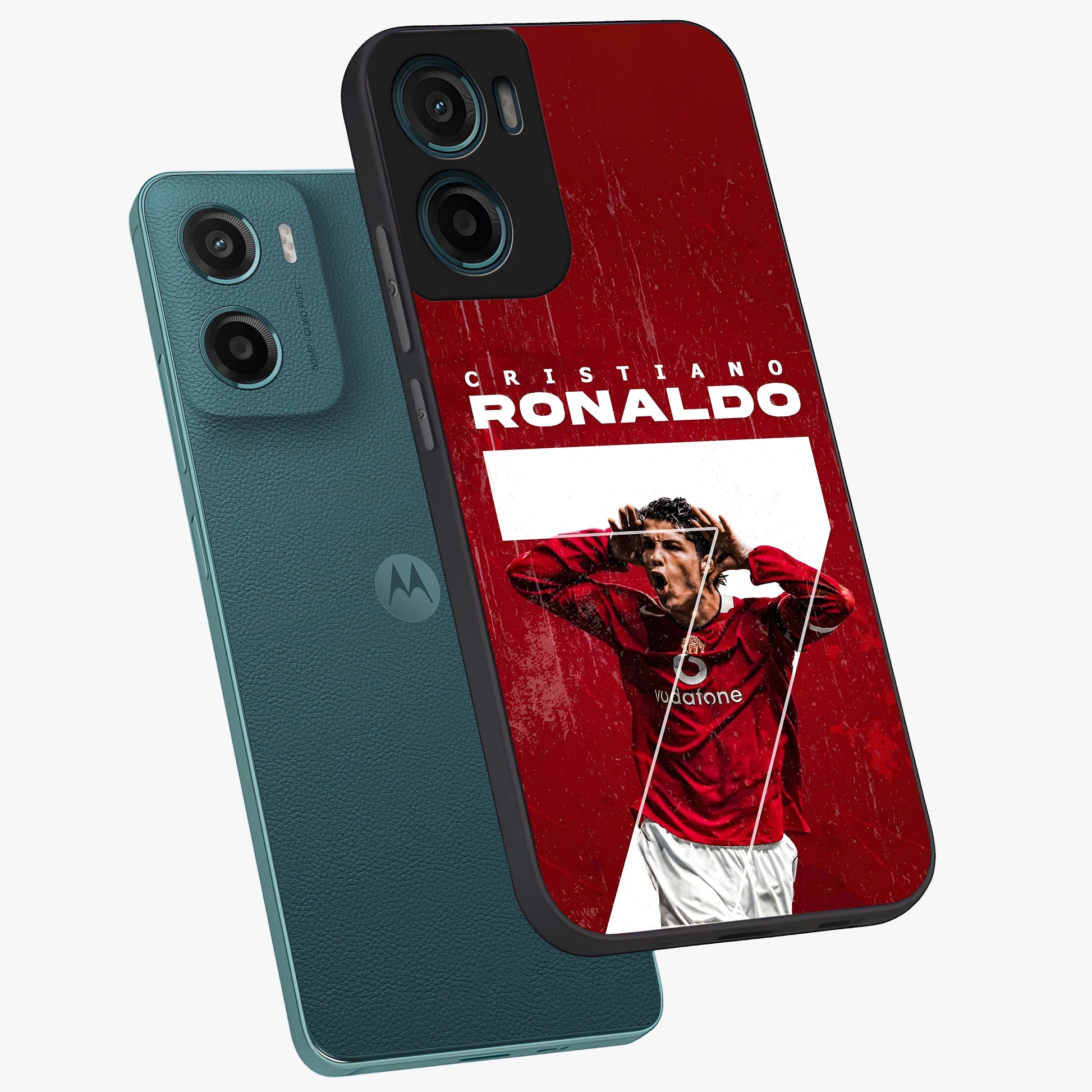 Goal Celebration Legacy Glass Case displayed in angled mockup highlighting energetic sports celebration design with bold athletic theme.