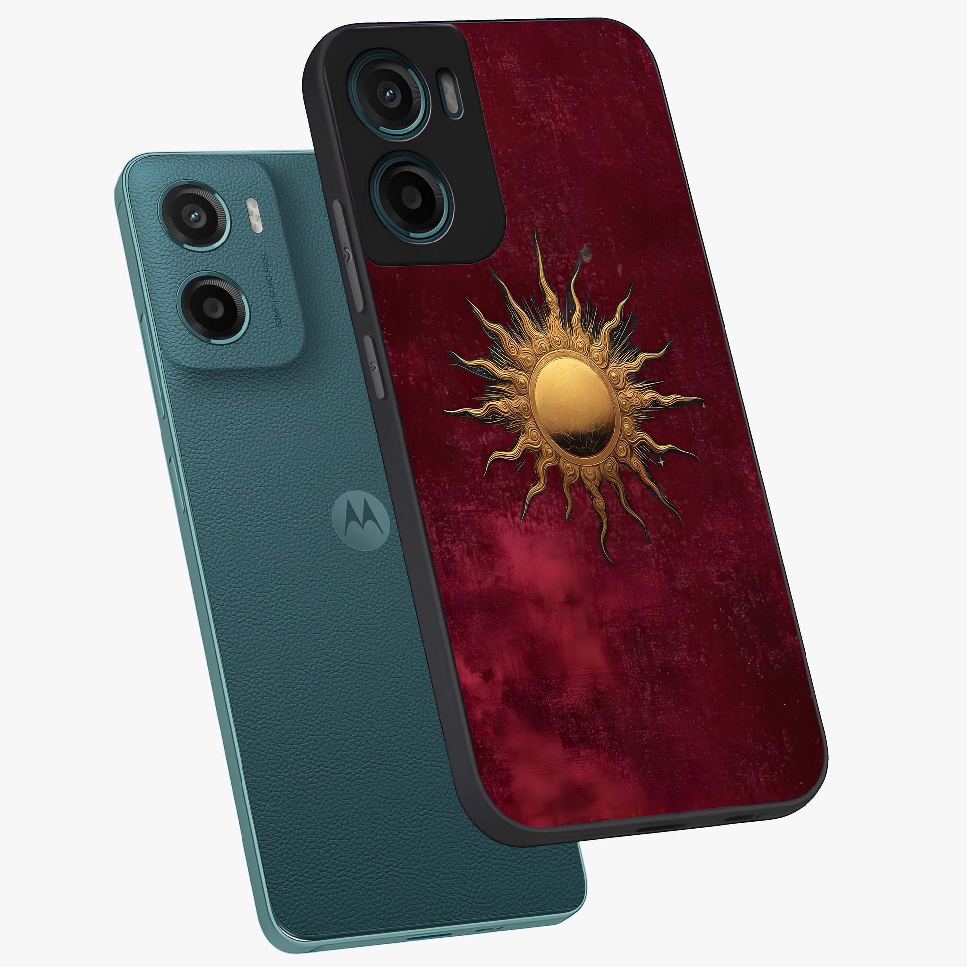 Golden Sun Minimalism Glass Case displayed in angled mockup highlighting clean sun symbol design with modern minimal aesthetic.