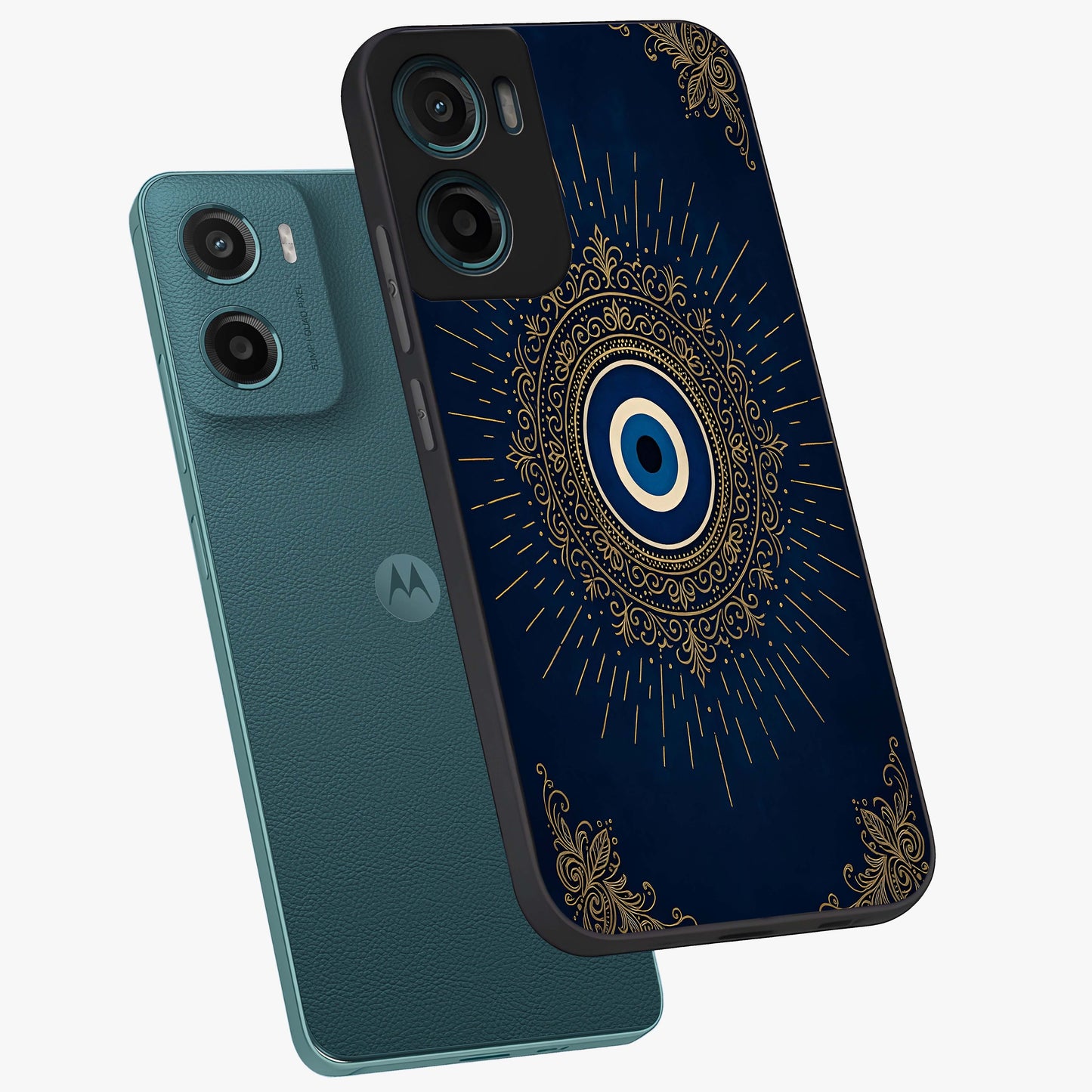 Golden Celestial Charm Glass Case displayed in angled mockup highlighting sparkling cosmic charm design with celestial aesthetic.