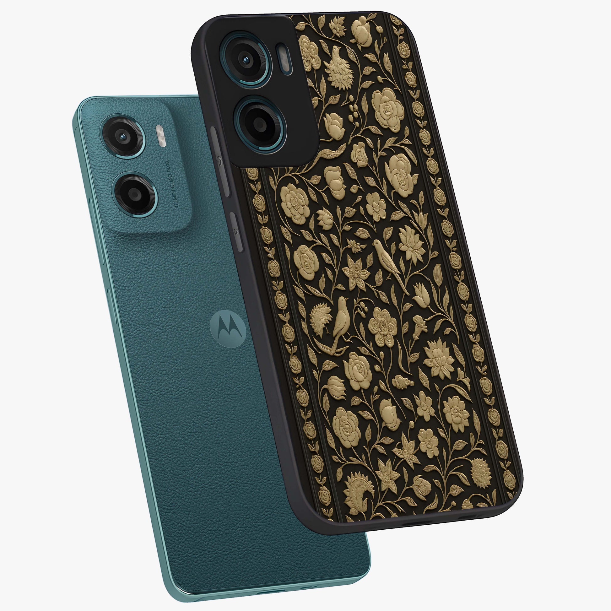 Golden Evil Eye Mandala Glass Case displayed in angled mockup highlighting protective evil eye symbol with golden mandala design.