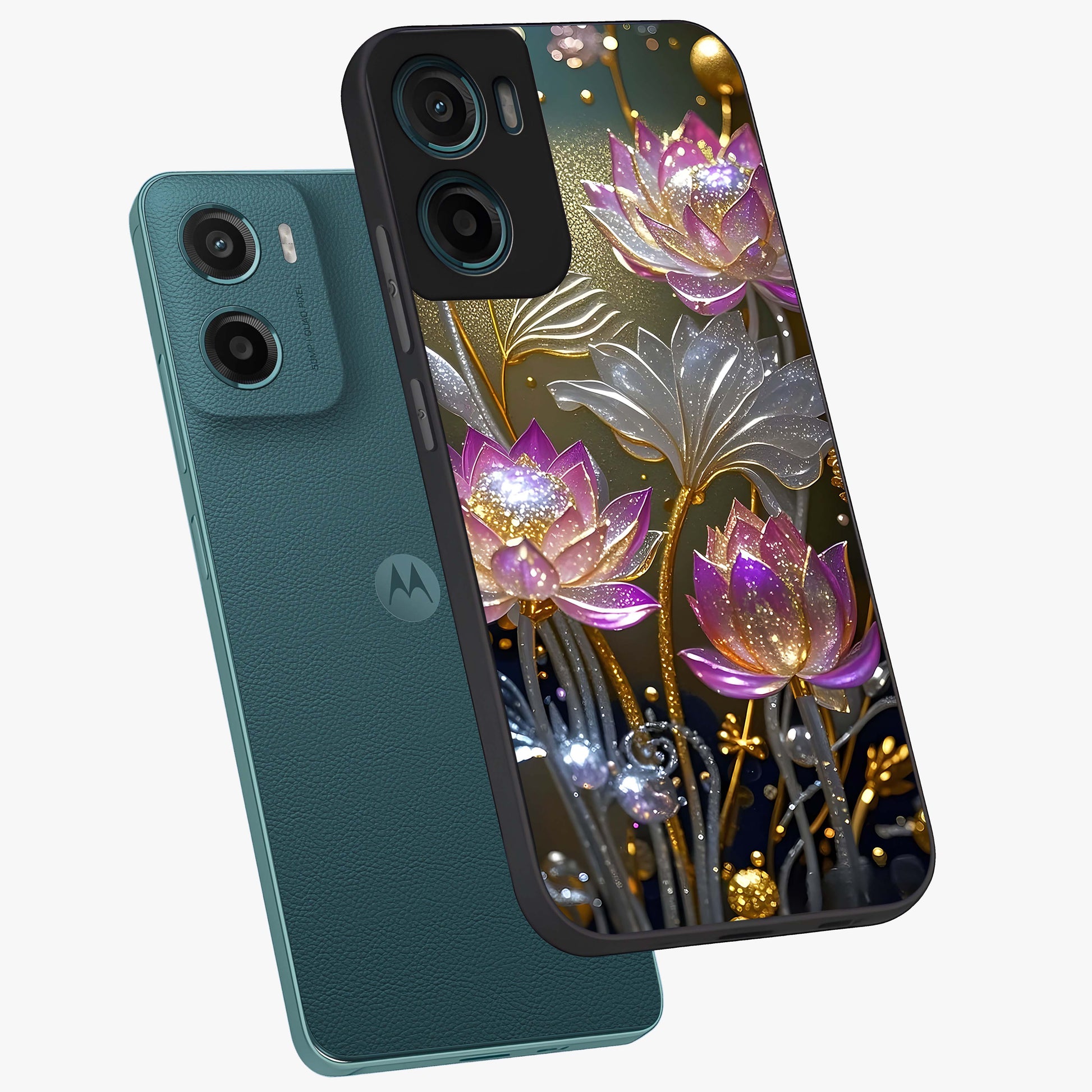 Golden Floral Majesty Glass Case displayed in angled mockup highlighting elegant flower design with royal golden aesthetic.