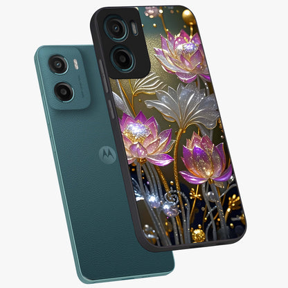 Golden Floral Majesty Glass Case displayed in angled mockup highlighting elegant flower design with royal golden aesthetic.