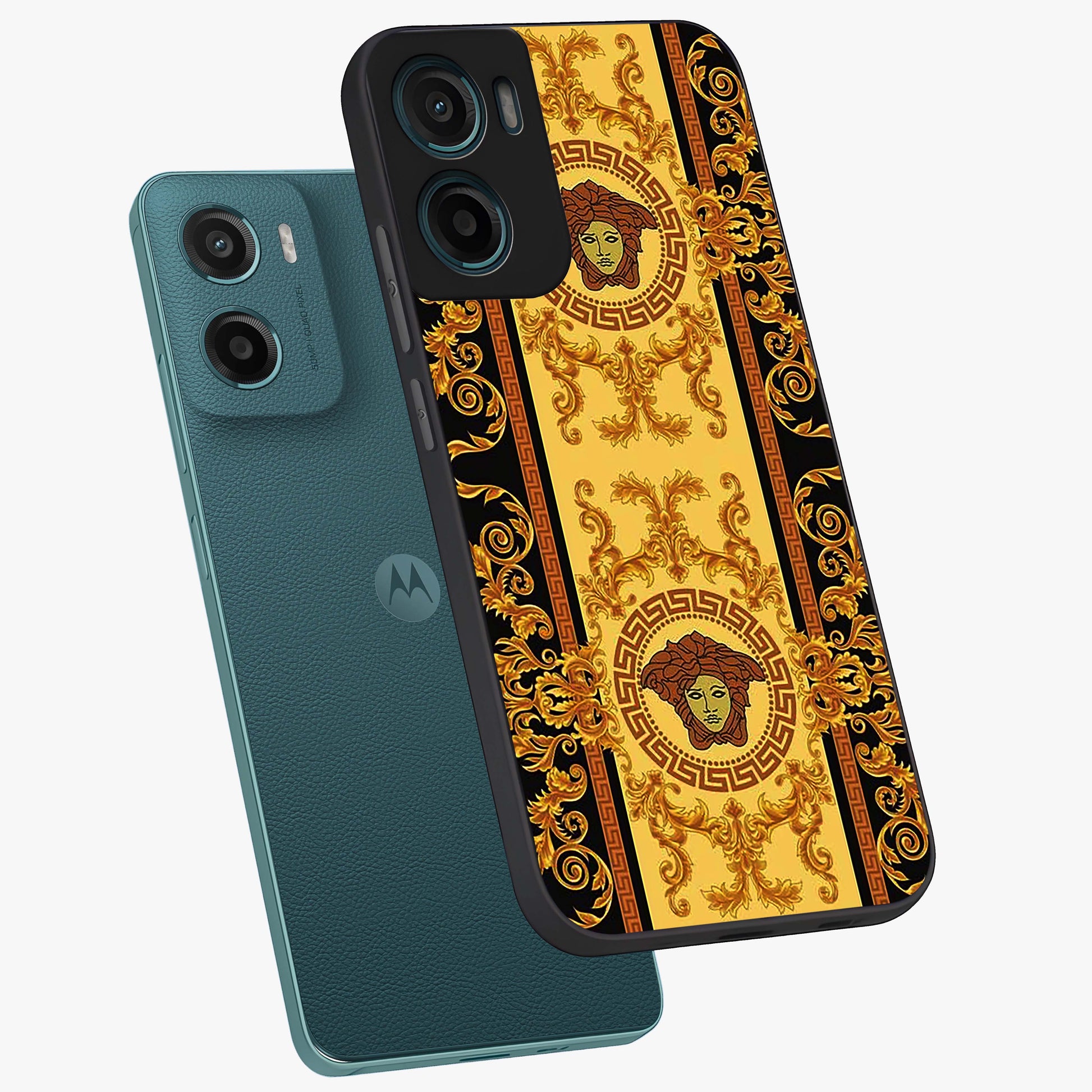 Golden Lotus Glow Glass Case displayed in angled mockup highlighting radiant lotus illustration with spiritual aesthetic.