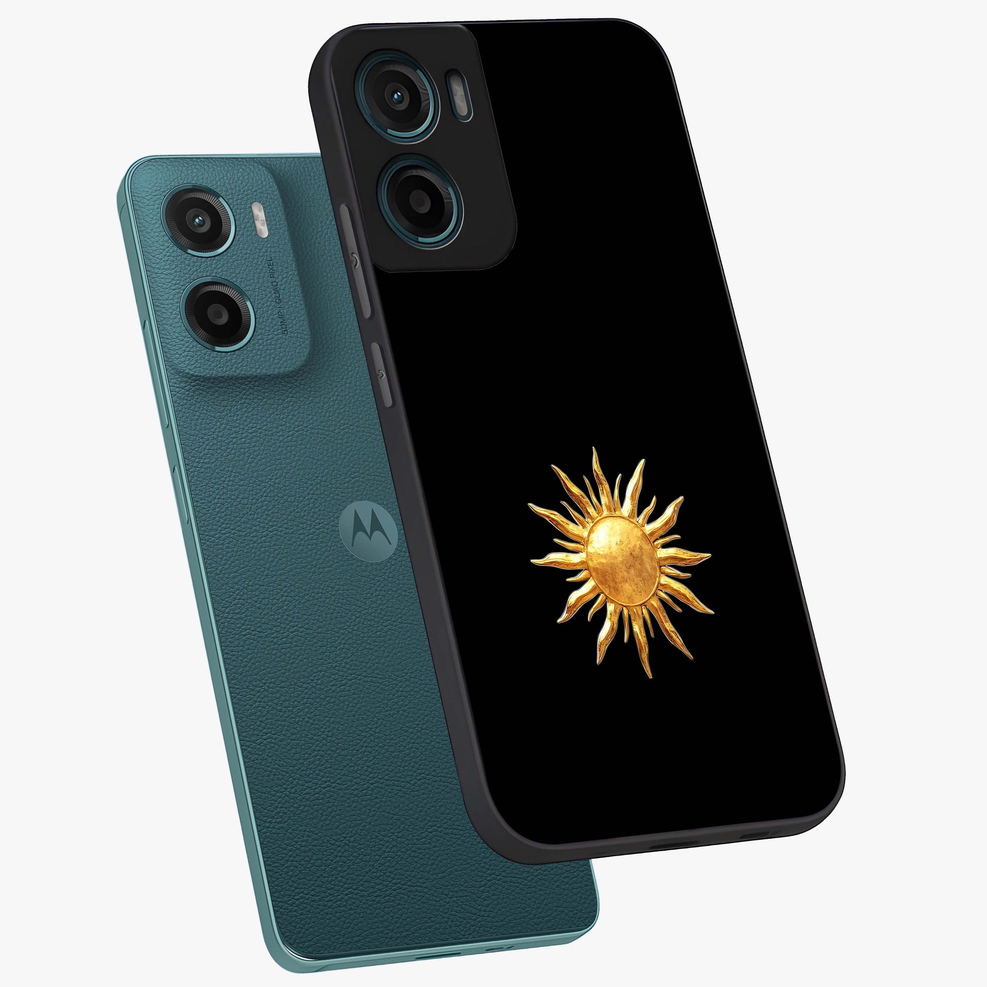 Golden Sun Minimalism Glass Case displayed in angled mockup highlighting eerie shadow illustration with gothic aesthetic.