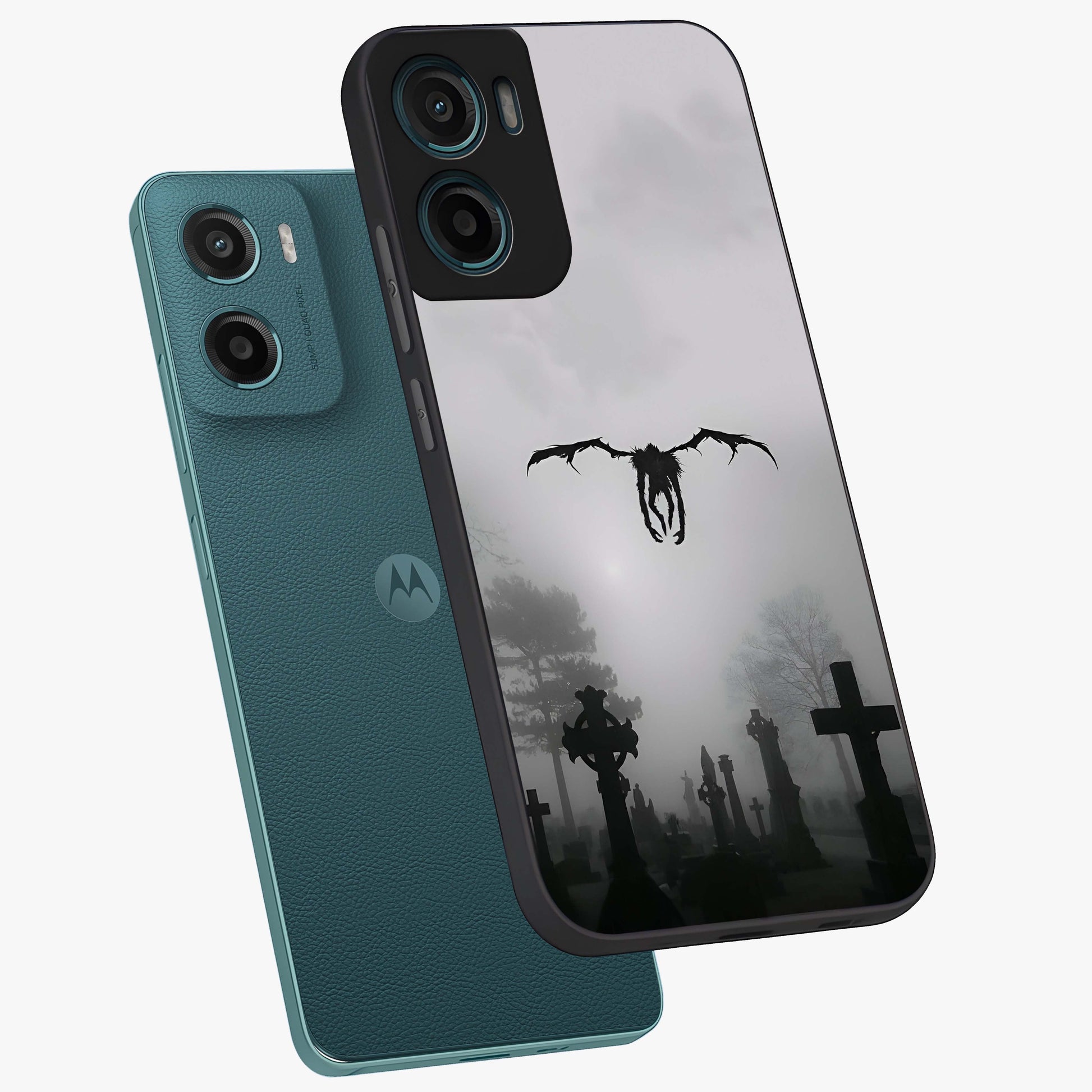 Graveyard Shadow Descent Glass Case displayed in angled mockup highlighting eerie shadow illustration with gothic aesthetic.