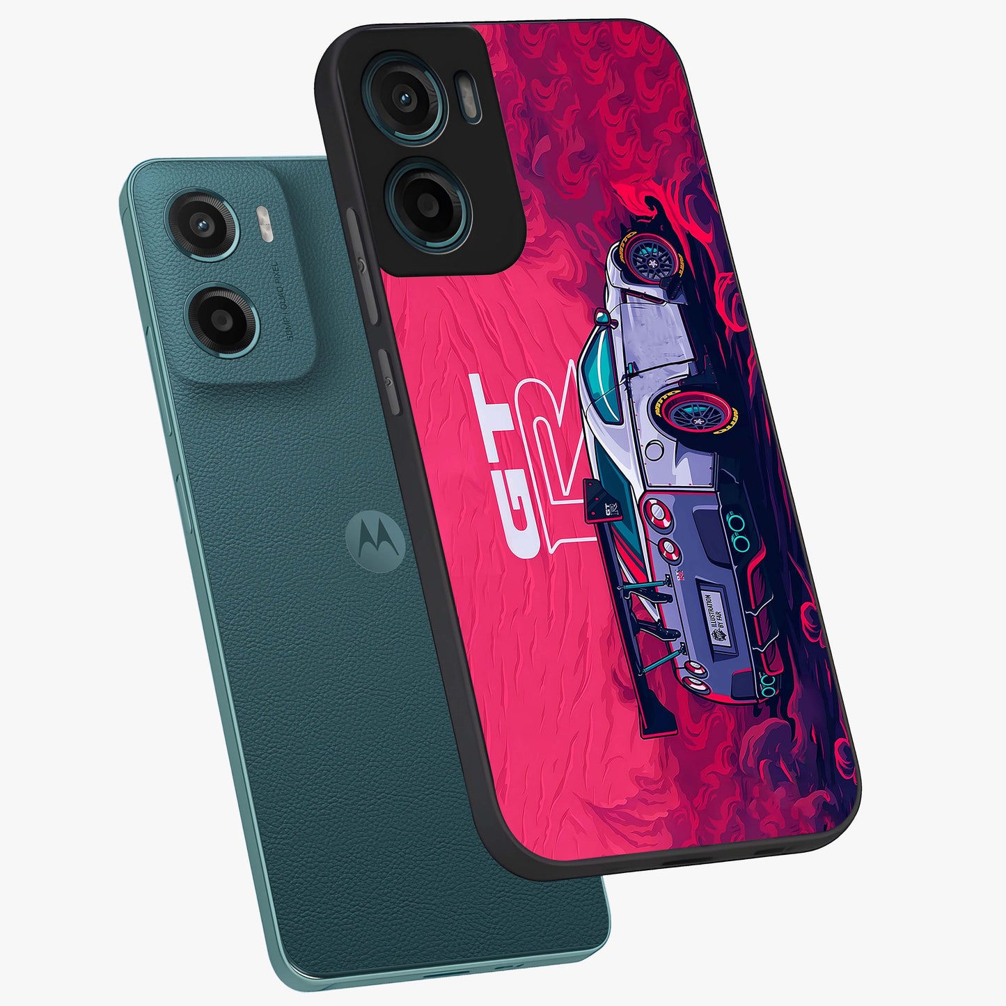 GT-R Car Pattern Glass Case displayed in angled mockup highlighting racing car graphic design with bold automotive aesthetic.