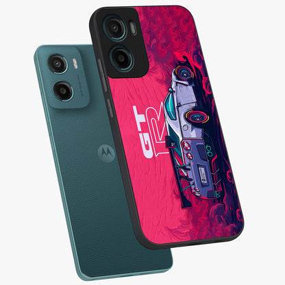 GT-R Car Pattern Glass Case displayed in angled mockup highlighting racing car graphic design with bold automotive aesthetic.