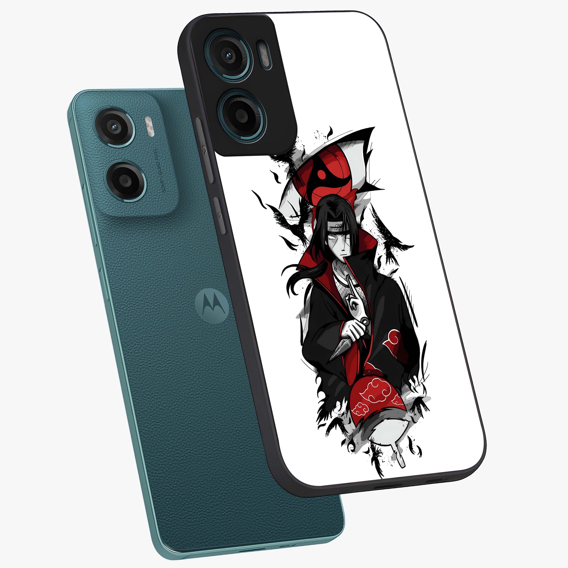 Itachi Limited Edition Naruto Anime Glass Case displayed in angled mockup highlighting dramatic anime illustration with bold action aesthetic.
