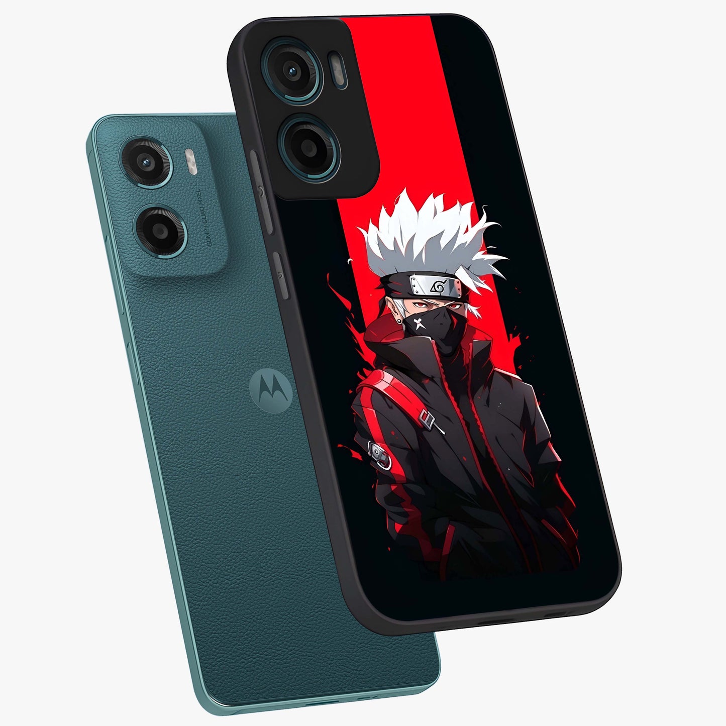 Kakashi Scarlet Shadow Glass Case displayed in angled mockup highlighting dramatic ninja illustration with scarlet themed aesthetic.
