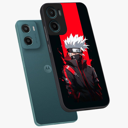 Kakashi Scarlet Shadow Glass Case displayed in angled mockup highlighting dramatic ninja illustration with scarlet themed aesthetic.
