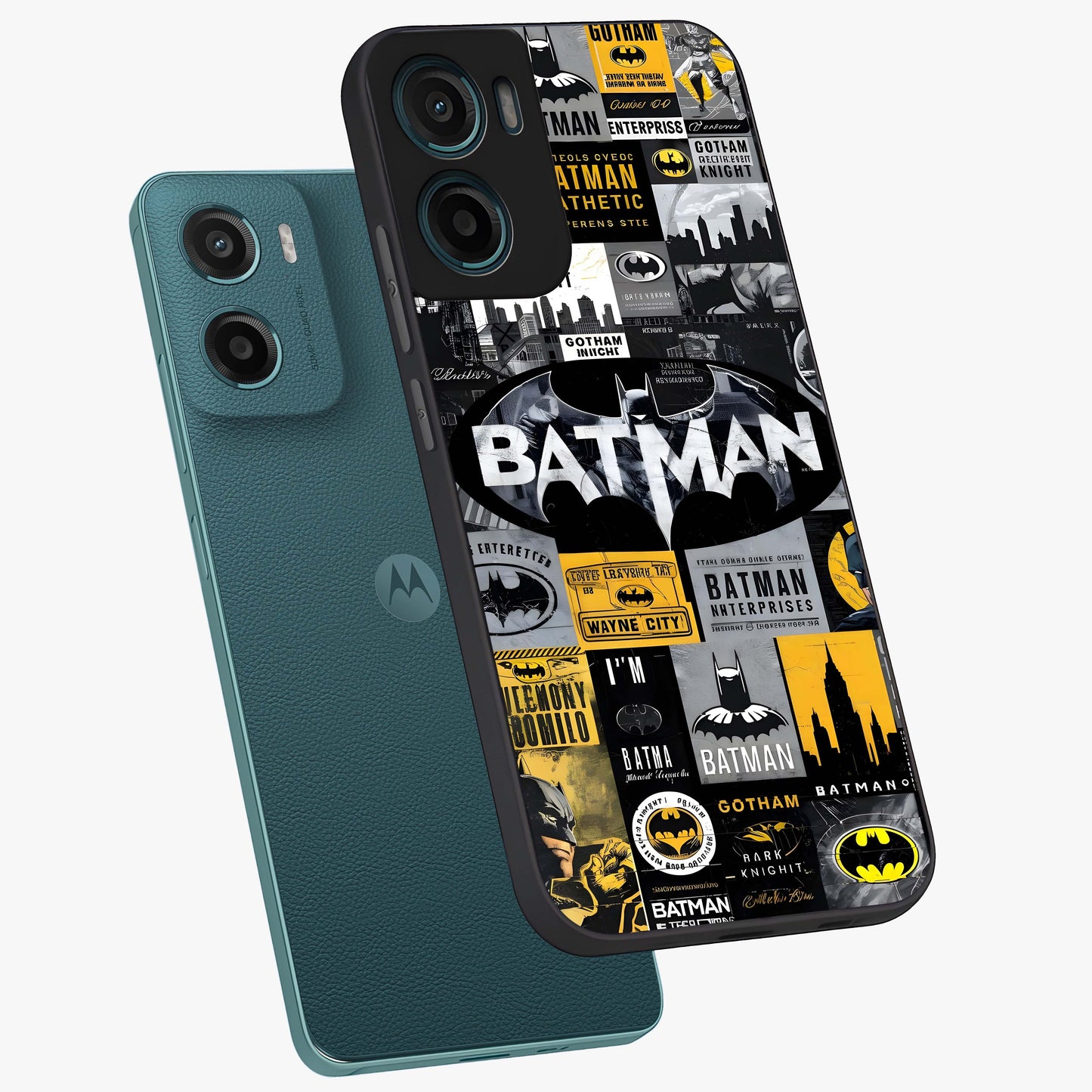 Knight Gotham Rise Glass Case displayed in angled mockup highlighting powerful knight silhouette design with dramatic aesthetic.