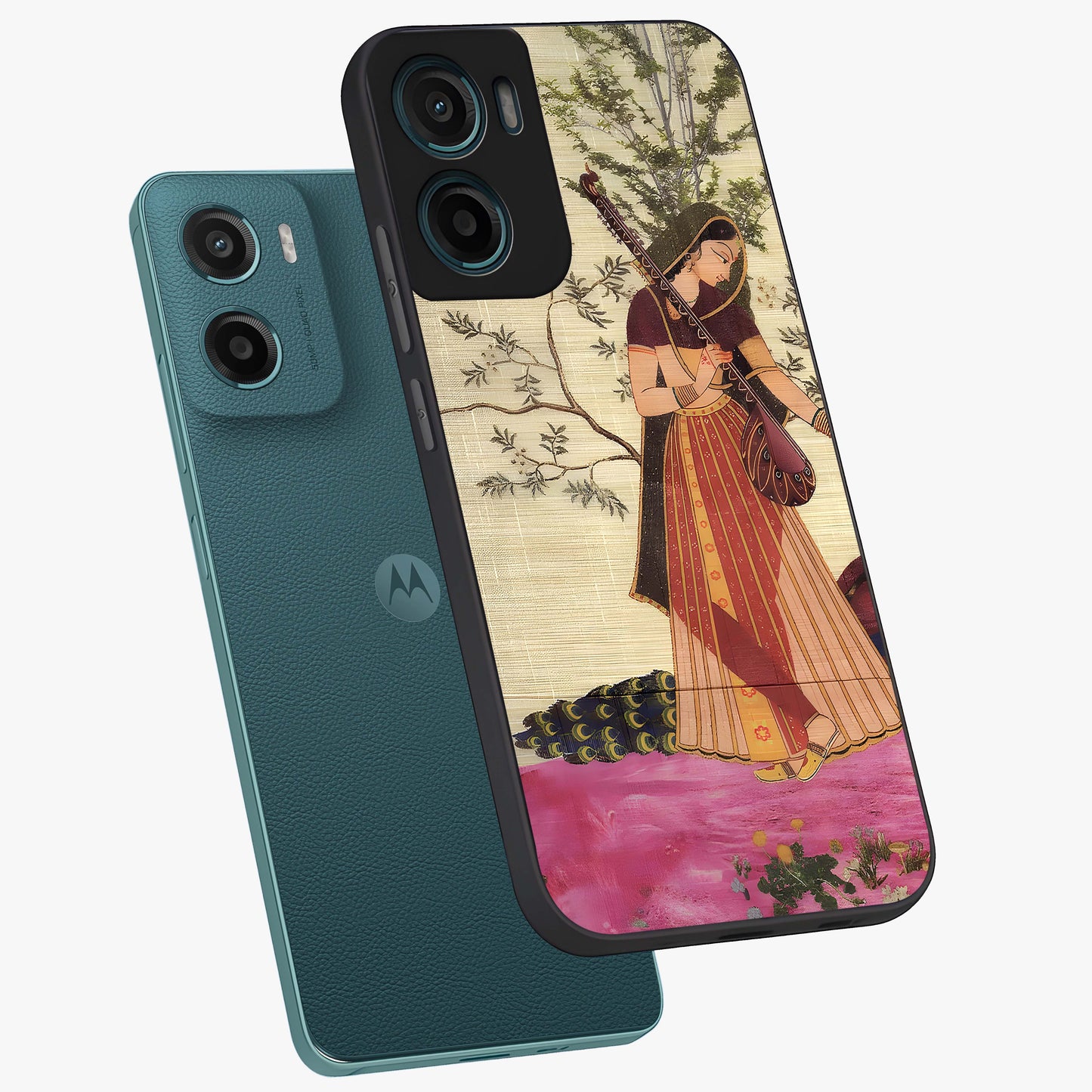 Lady With Veena Art Glass Case displayed in angled mockup highlighting graceful musical illustration with cultural artistic aesthetic.