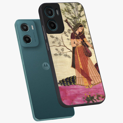 Lady With Veena Art Glass Case displayed in angled mockup highlighting graceful musical illustration with cultural artistic aesthetic.