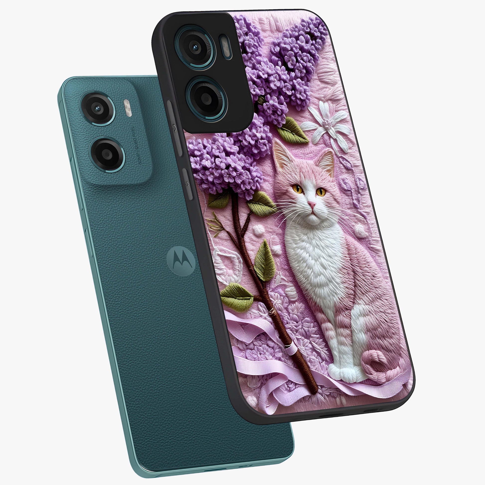 Lavender Cat Whimsy Glass Case displayed in angled mockup highlighting playful feline illustration with pastel lavender aesthetic.