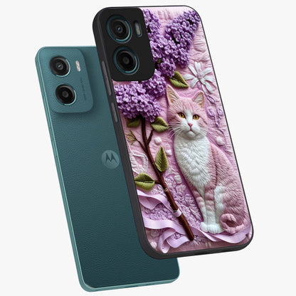Lavender Cat Whimsy Glass Case displayed in angled mockup highlighting playful feline illustration with pastel lavender aesthetic.