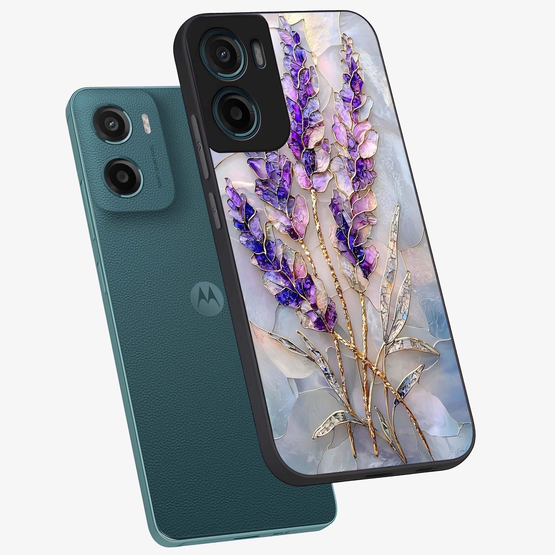 Lavender Dream Glow Glass Case displayed in angled mockup highlighting dreamy purple glow design with soft artistic style.