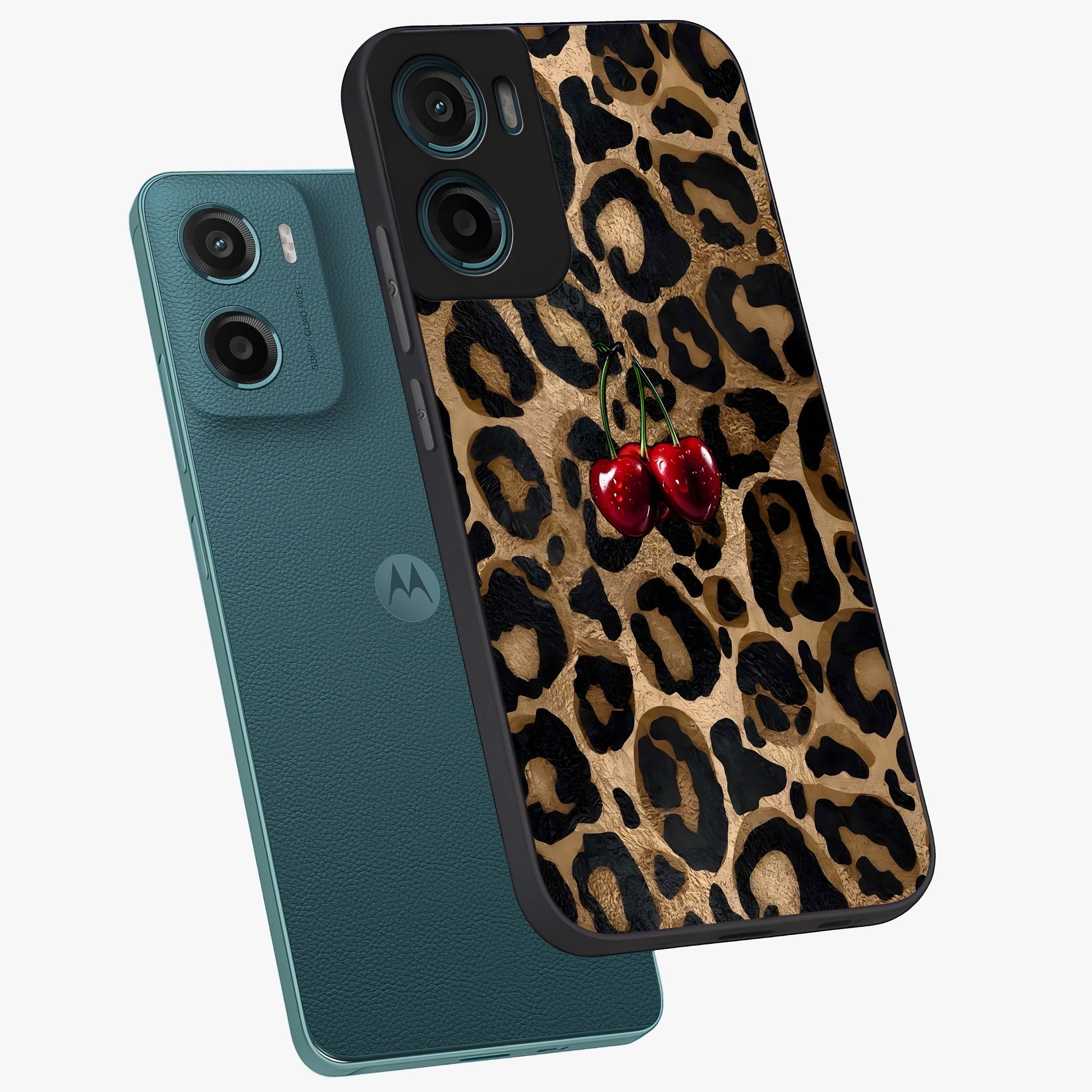 Leopard Wild Cherry Glass Case displayed in angled mockup highlighting bold animal print design with playful cherry aesthetic.