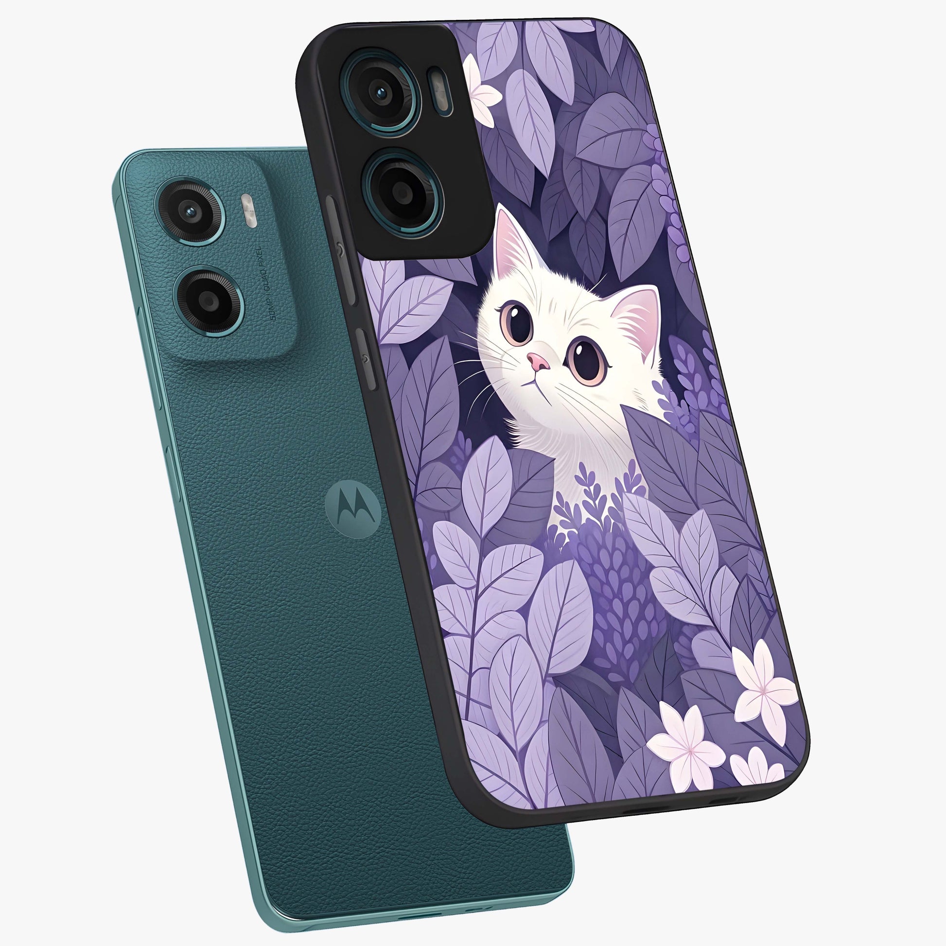 Lilac Hide Peek Cat Glass Case displayed in angled mockup highlighting playful feline illustration with lilac aesthetic design.