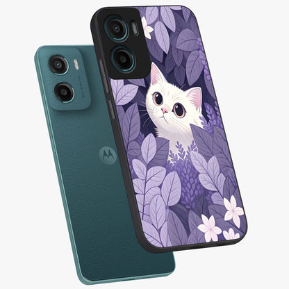 Lilac Hide Peek Cat Glass Case displayed in angled mockup highlighting playful feline illustration with lilac aesthetic design.