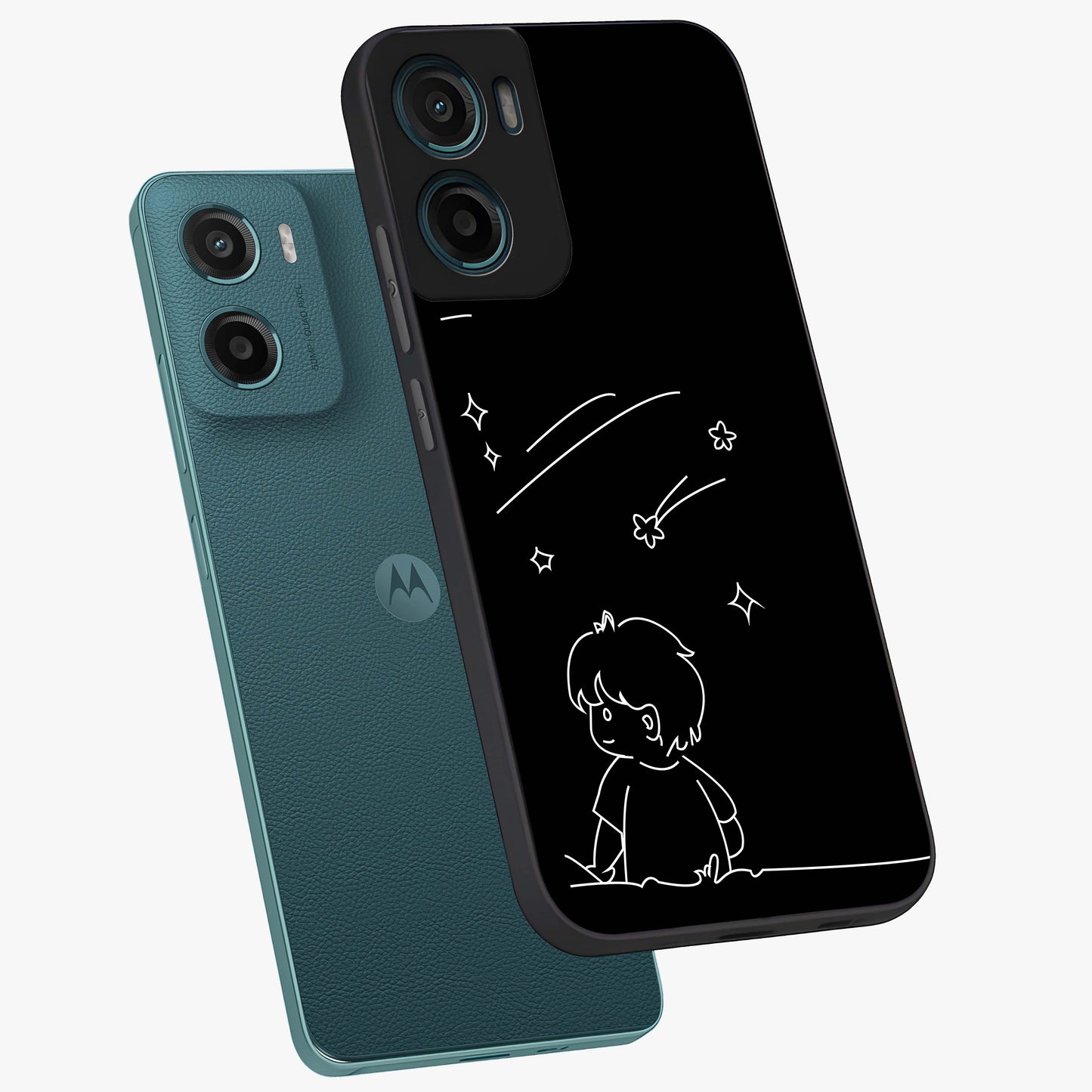 Line Art Boy With Shooting Stars Glass Case displayed in angled mockup highlighting elegant line art design with dreamy star aesthetic.