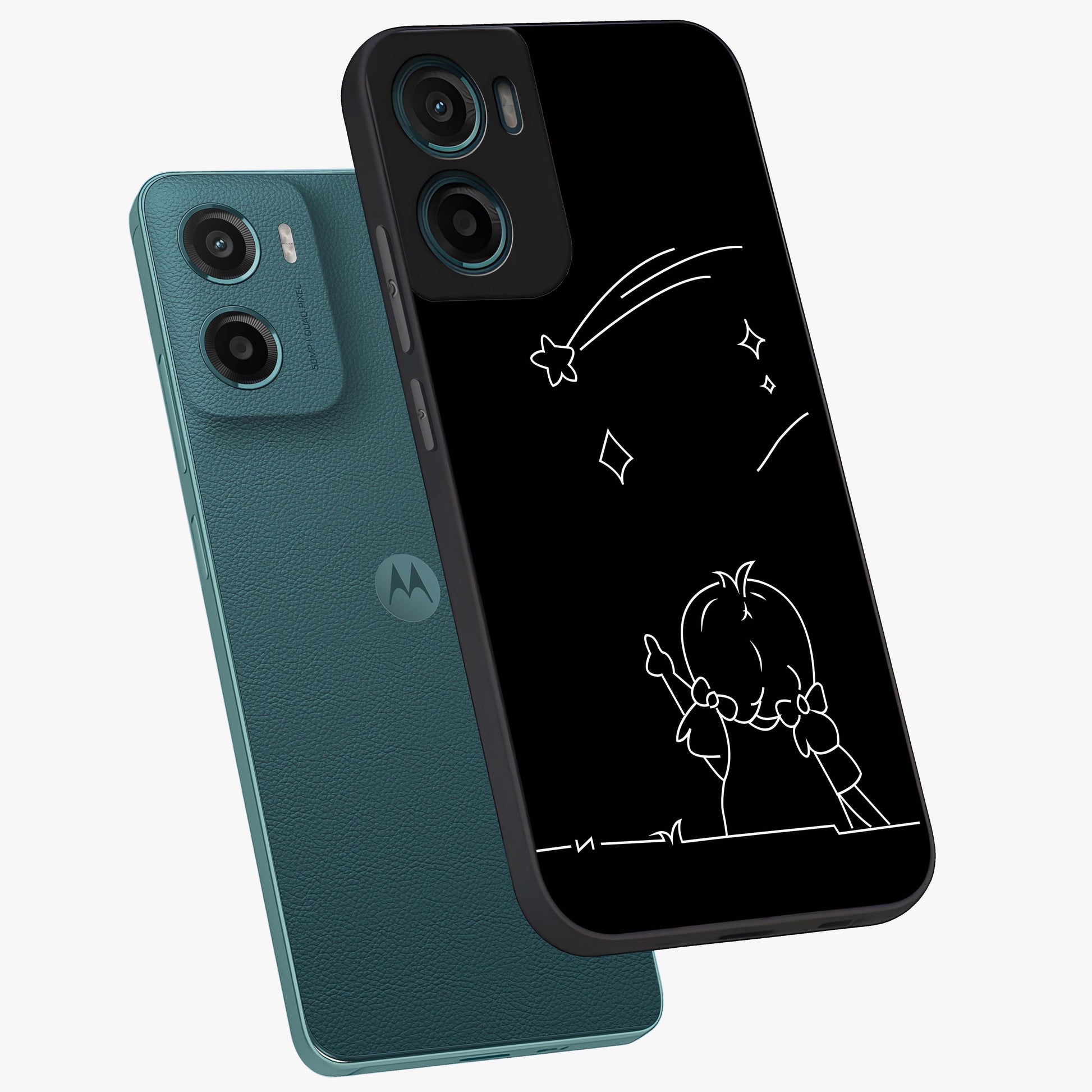 Line Art Girl With Shooting Stars Glass Case displayed in angled mockup highlighting elegant line art design with dreamy star aesthetic.