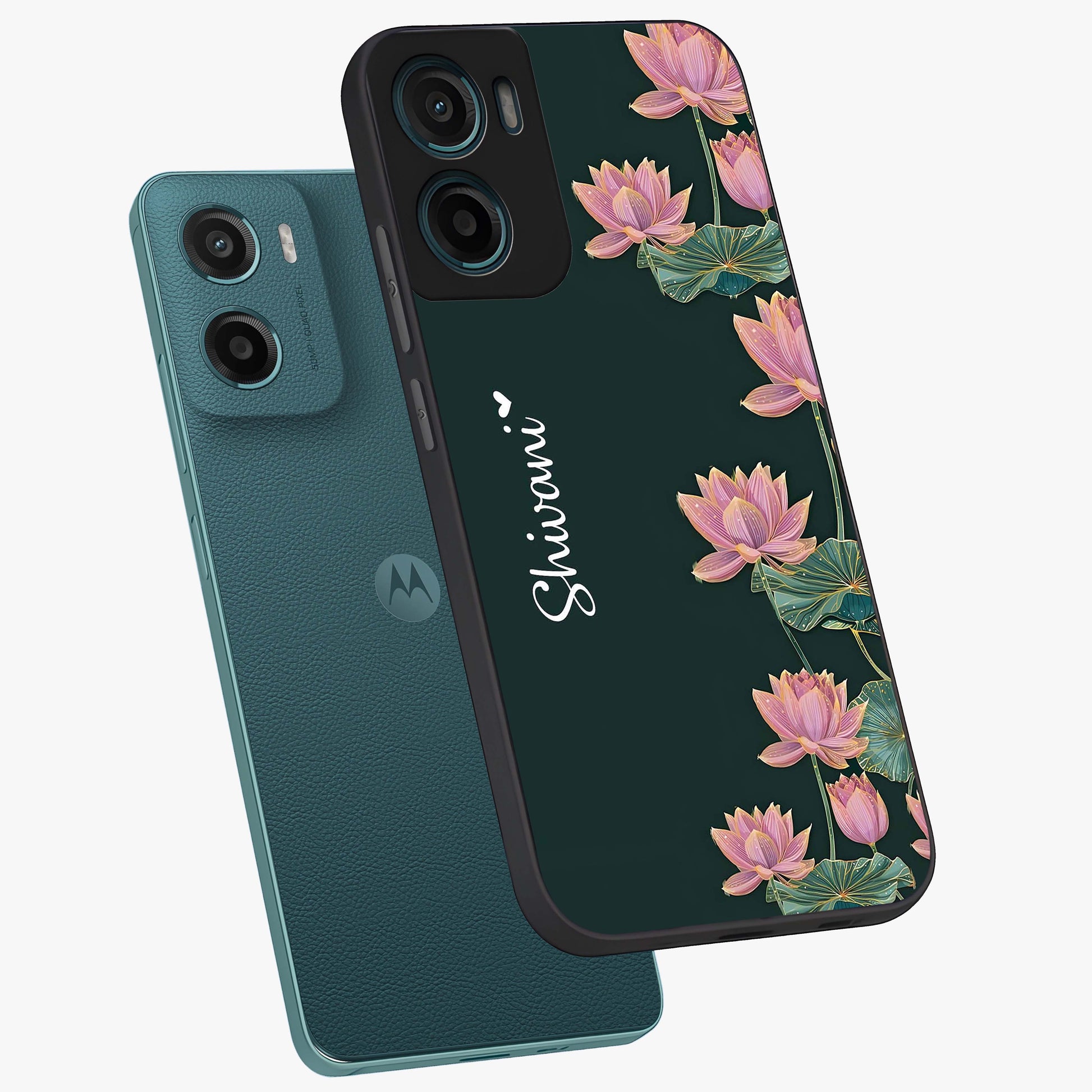 Lotus Bloom Serenity Custom Name Glass Case displayed in angled mockup highlighting graceful lotus illustration with custom name feature.