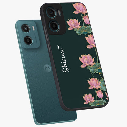 Lotus Bloom Serenity Custom Name Glass Case displayed in angled mockup highlighting graceful lotus illustration with custom name feature.