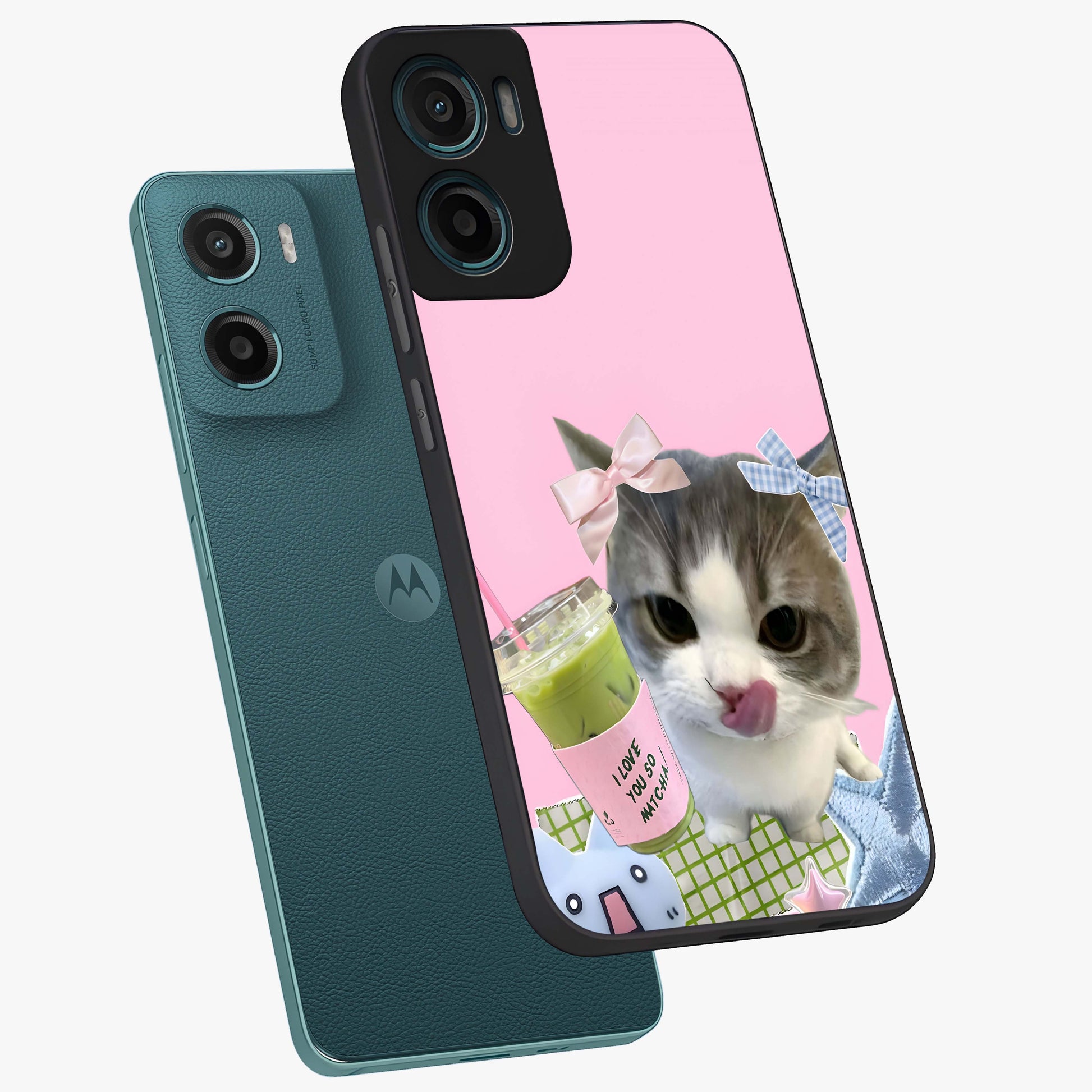 Love Matcha Cat Glass Case displayed in angled mockup highlighting playful feline illustration with cozy matcha aesthetic.