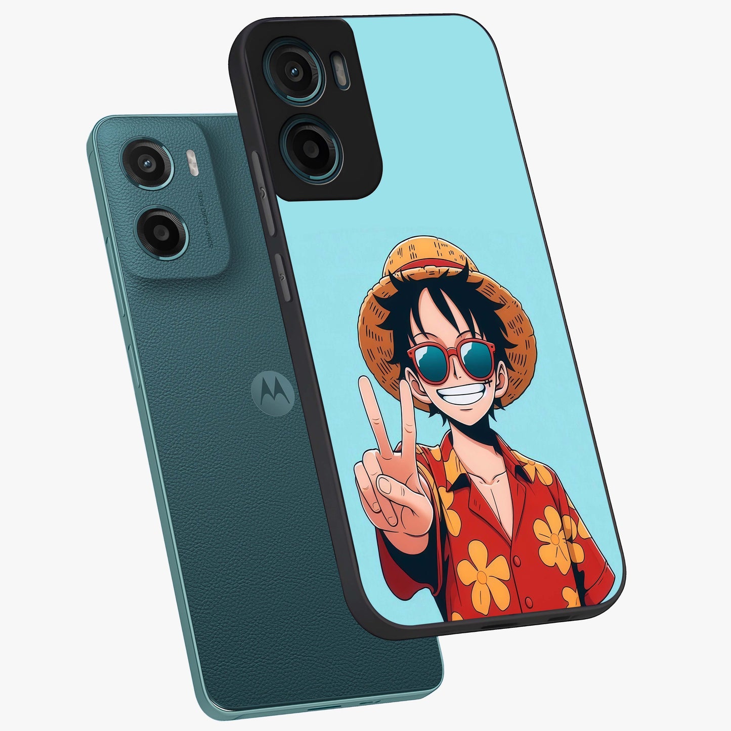 Luffy Summer Anime Vibe Glass Case displayed in angled mockup highlighting energetic anime illustration with summer vibe aesthetic.