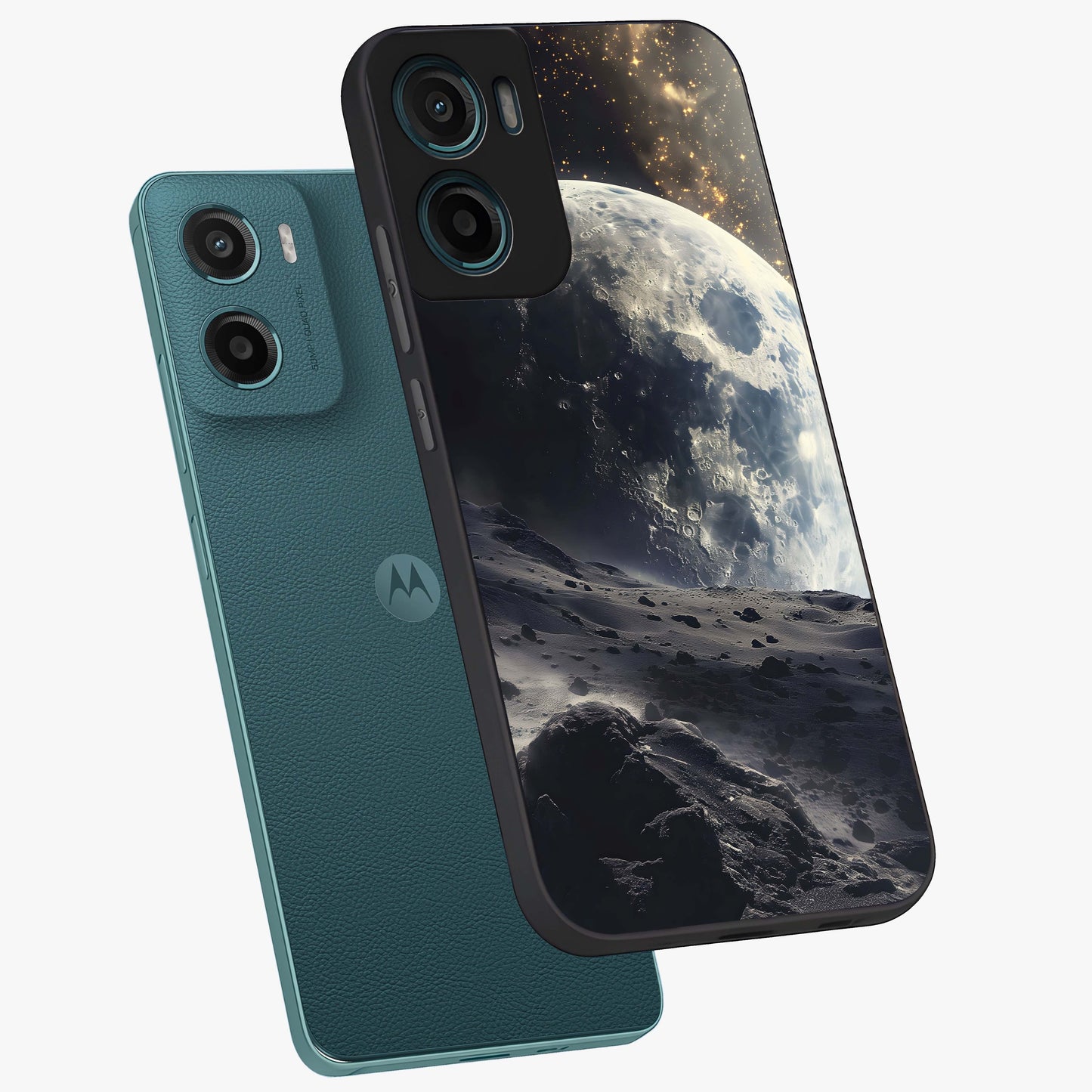 Lunar Horizon Glow Glass Case displayed in angled mockup highlighting celestial moon design with dreamy night aesthetic.