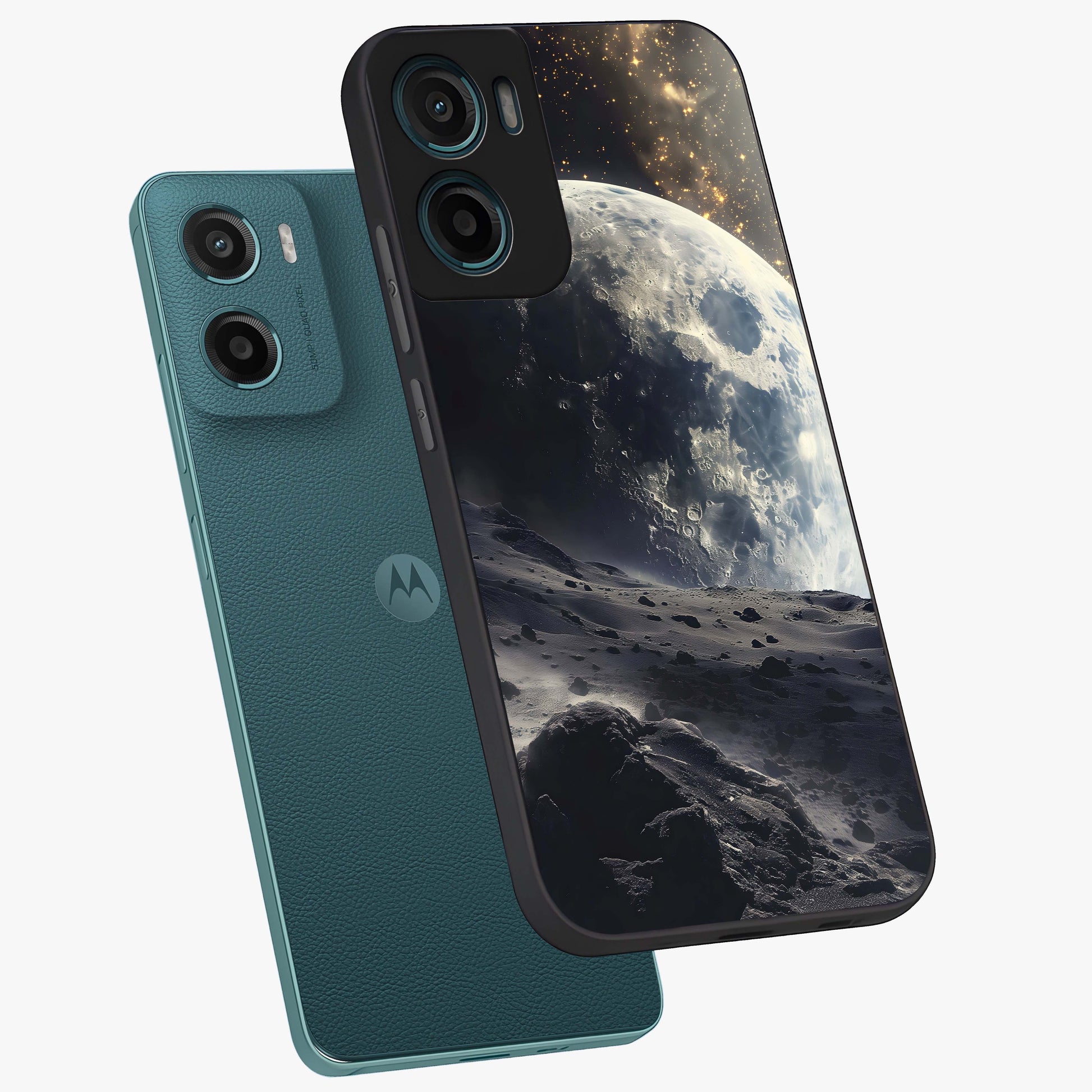 Lunar Horizon Glow Glass Case displayed in angled mockup highlighting celestial moon design with dreamy night aesthetic.