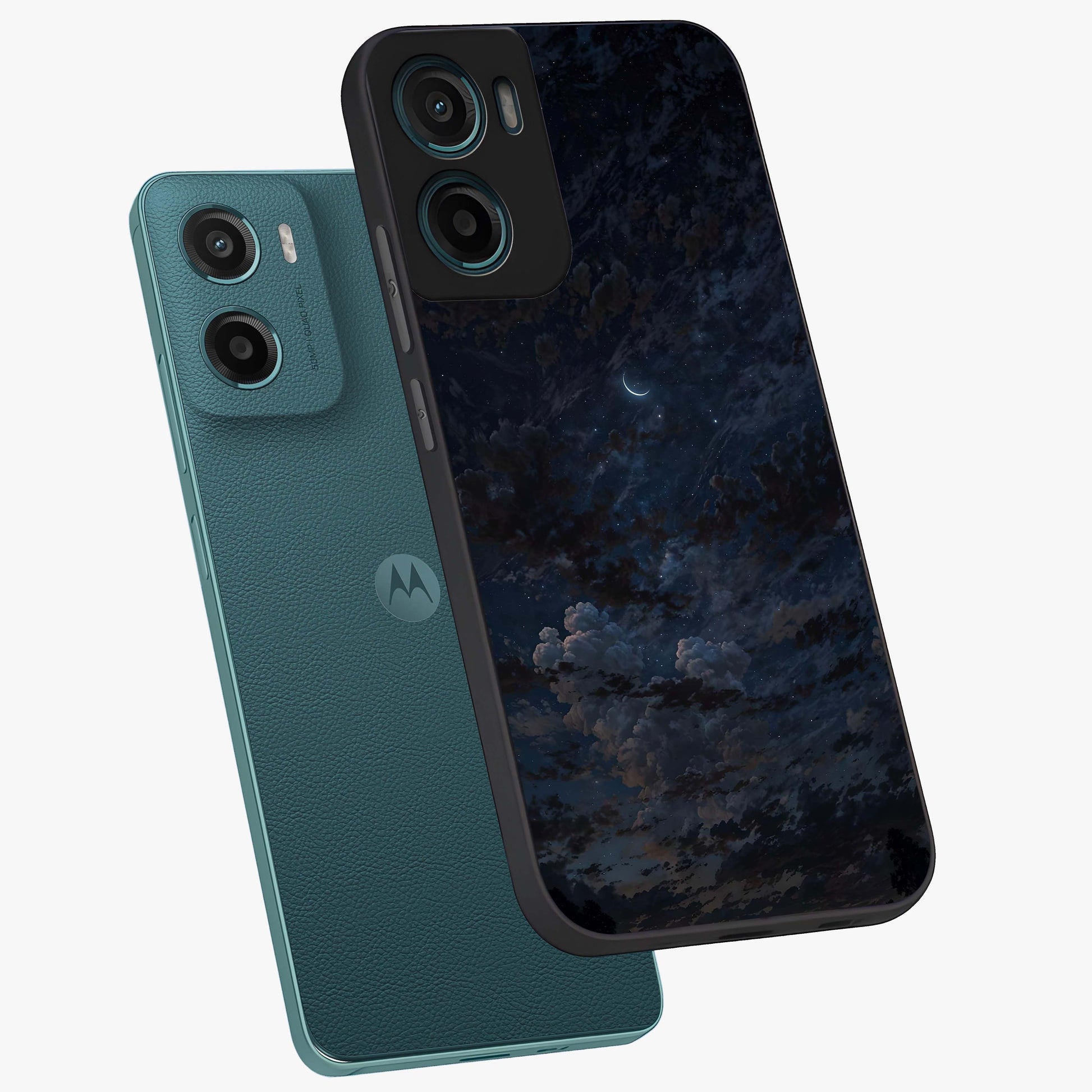 Lunar Veil Silence Glass Case displayed in angled mockup highlighting soft lunar design with peaceful celestial aesthetic.