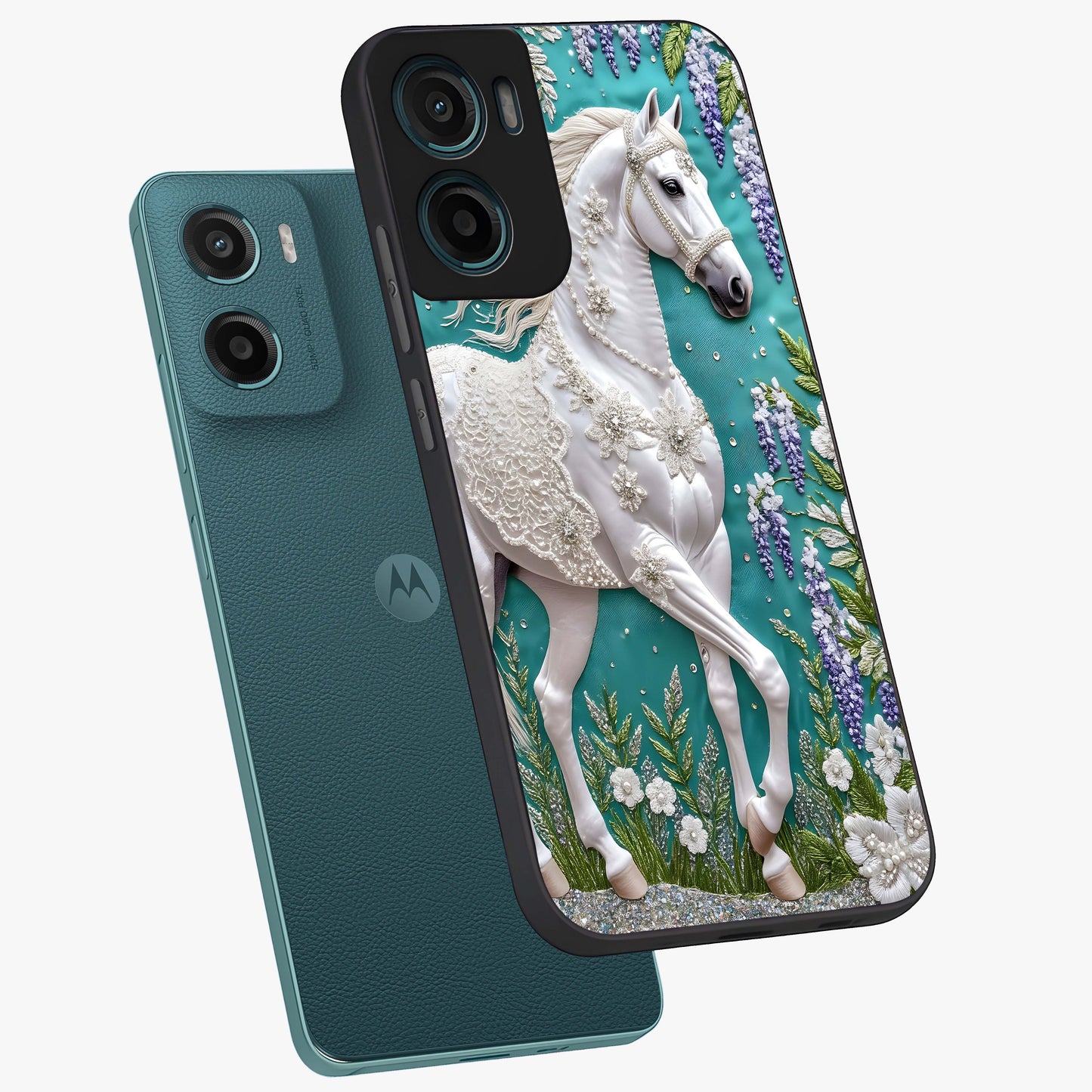 Majestic Floral Stallion Glass Case displayed in angled mockup highlighting majestic stallion illustration with elegant floral aesthetic.