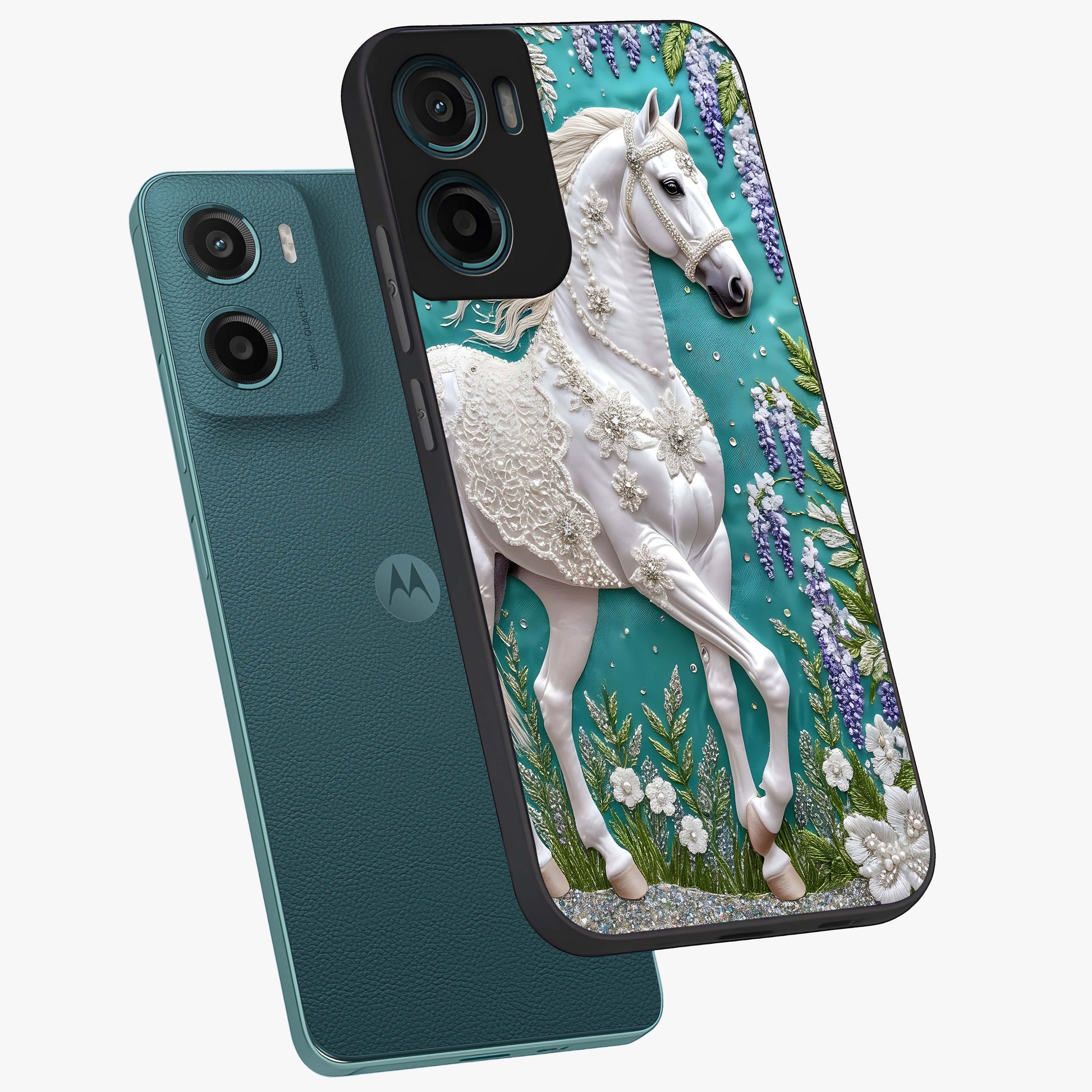 Majestic Floral Stallion Glass Case displayed in angled mockup highlighting majestic stallion illustration with elegant floral aesthetic.