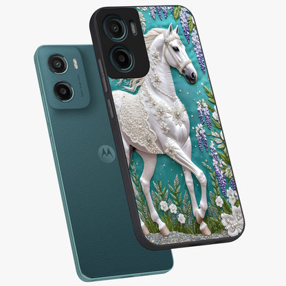 Majestic Floral Stallion Glass Case displayed in angled mockup highlighting majestic stallion illustration with elegant floral aesthetic.