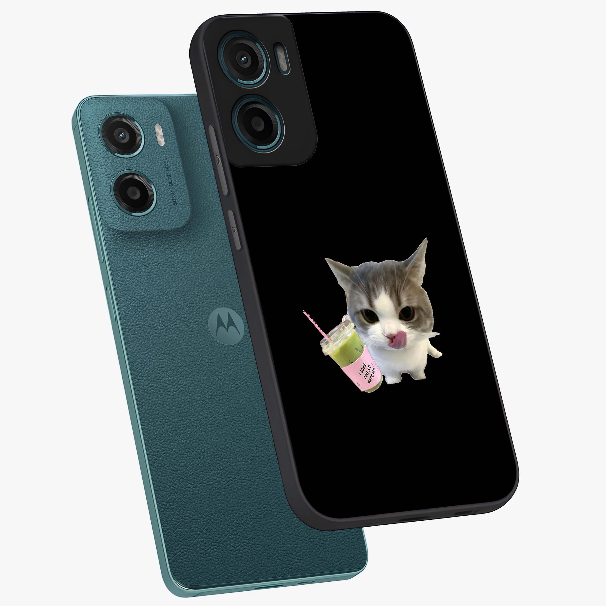 Matcha Cat Style Glass Case displayed in angled mockup highlighting playful feline design with pastel matcha aesthetic.