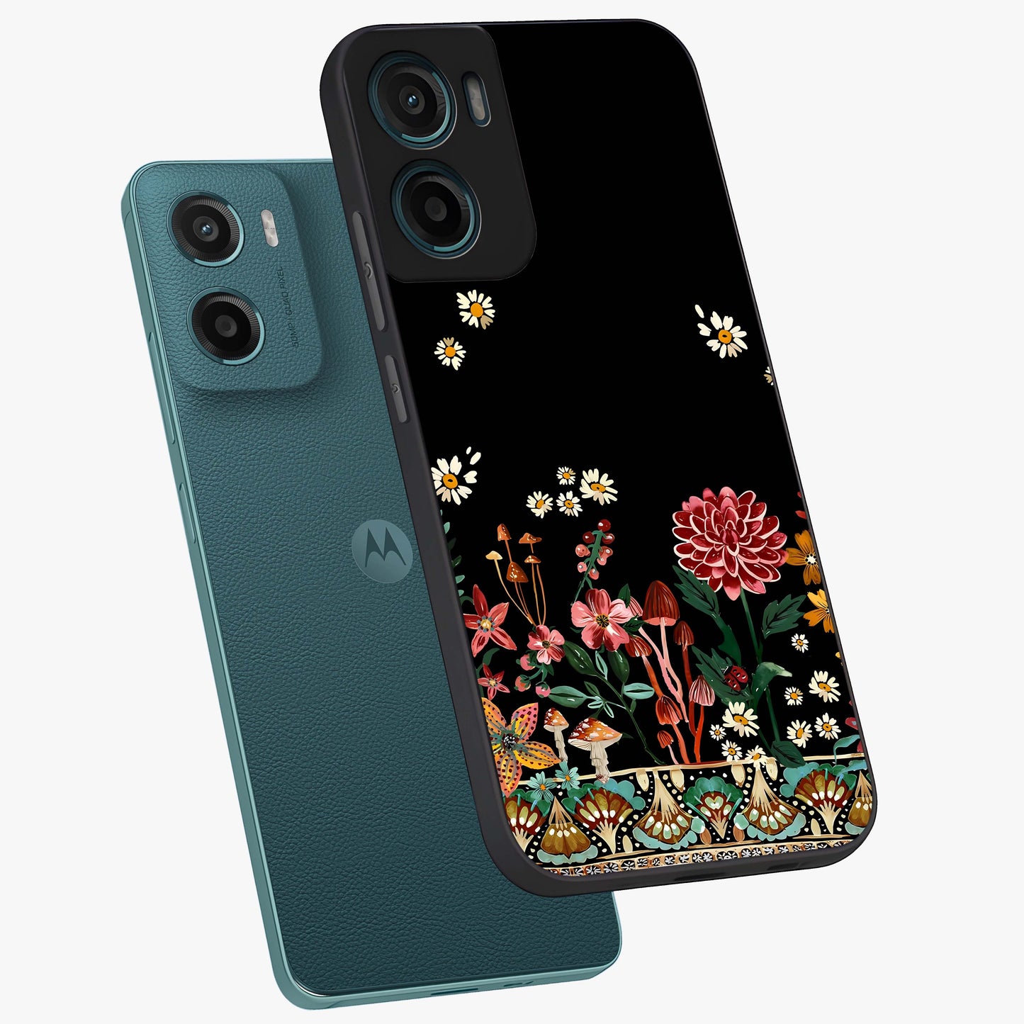 Midnight Bloom Pattern Glass Case displayed in angled mockup highlighting elegant flower design with midnight aesthetic style.