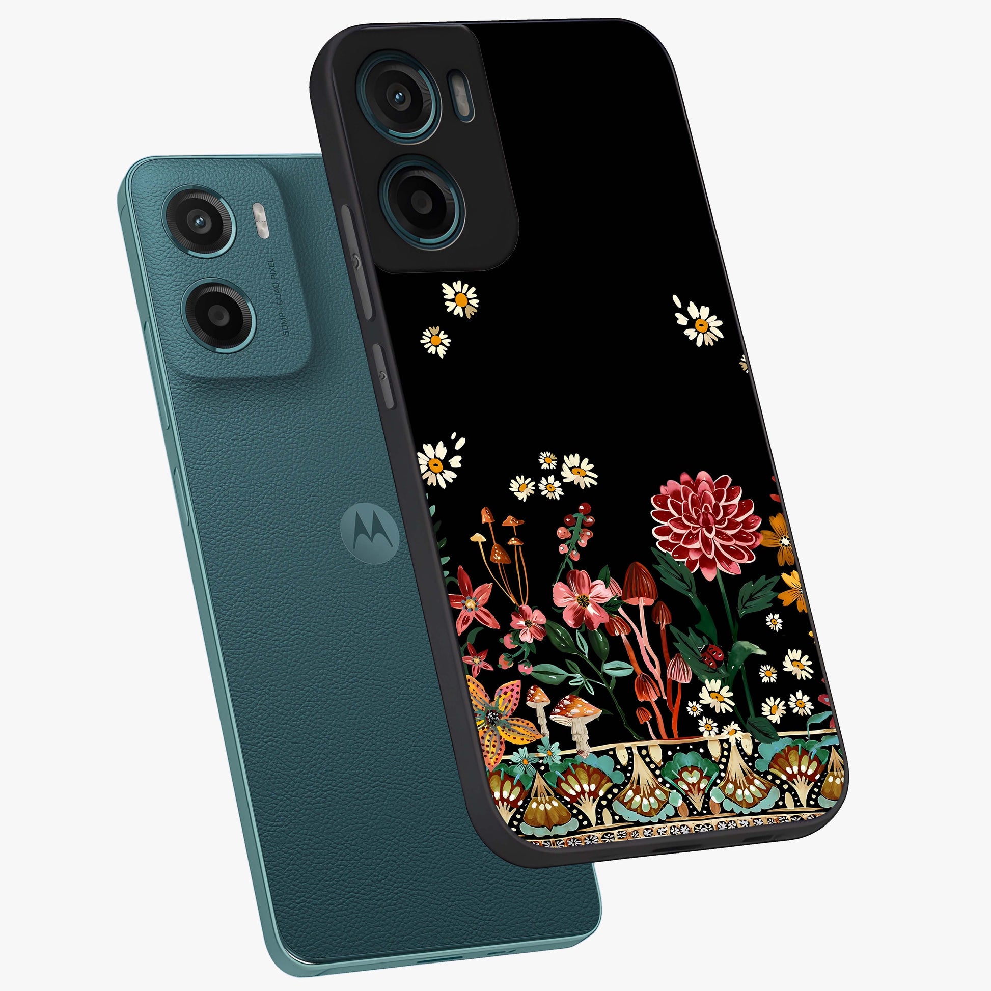 Midnight Bloom Pattern Glass Case displayed in angled mockup highlighting elegant flower design with midnight aesthetic style.