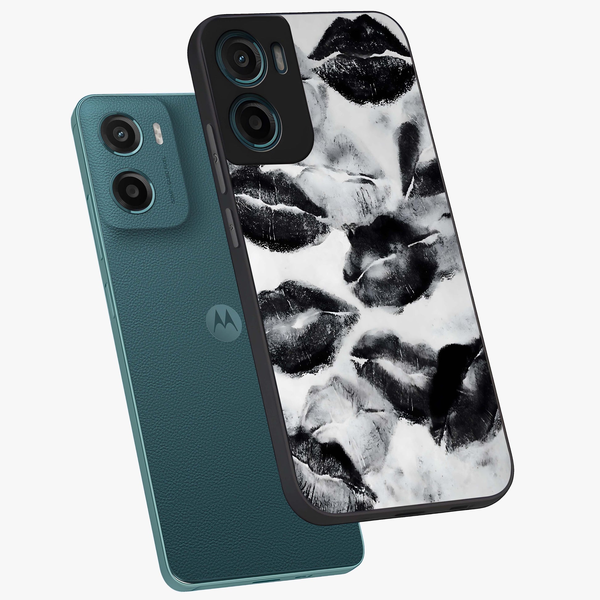 Midnight Kiss Marks Glass Case displayed in angled mockup highlighting playful romantic design with bold midnight aesthetic.