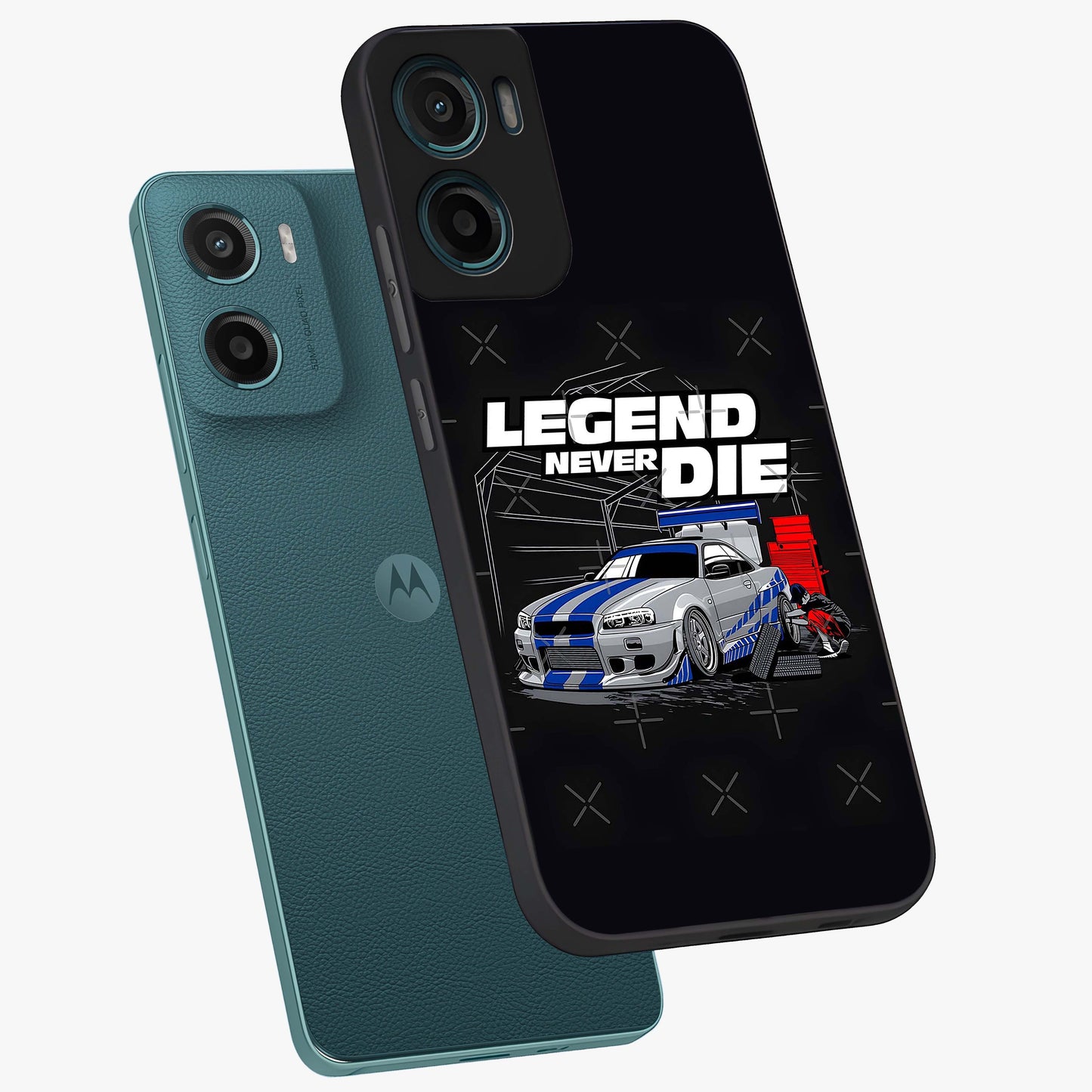 Midnight Racing Legacy Glass Case displayed in angled mockup highlighting dynamic automotive design with bold midnight aesthetic.