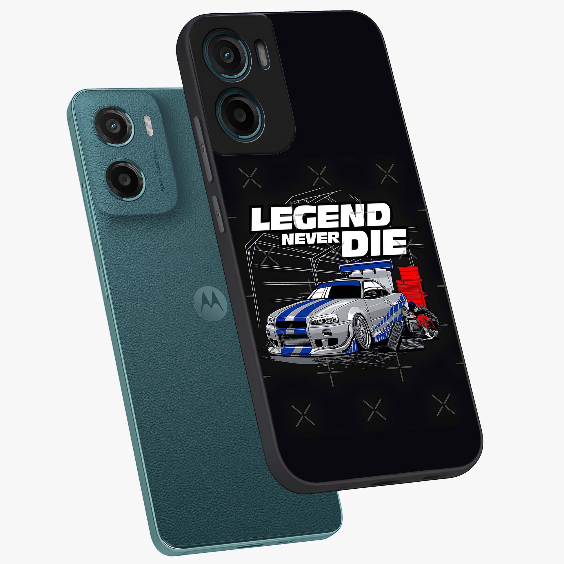 Midnight Racing Legacy Glass Case displayed in angled mockup highlighting dynamic automotive design with bold midnight aesthetic.