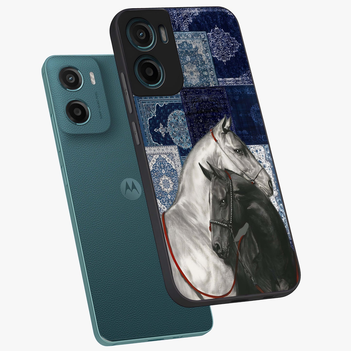 Midnight Stallion Blues Glass Case displayed in angled mockup highlighting powerful stallion illustration with deep midnight tones.