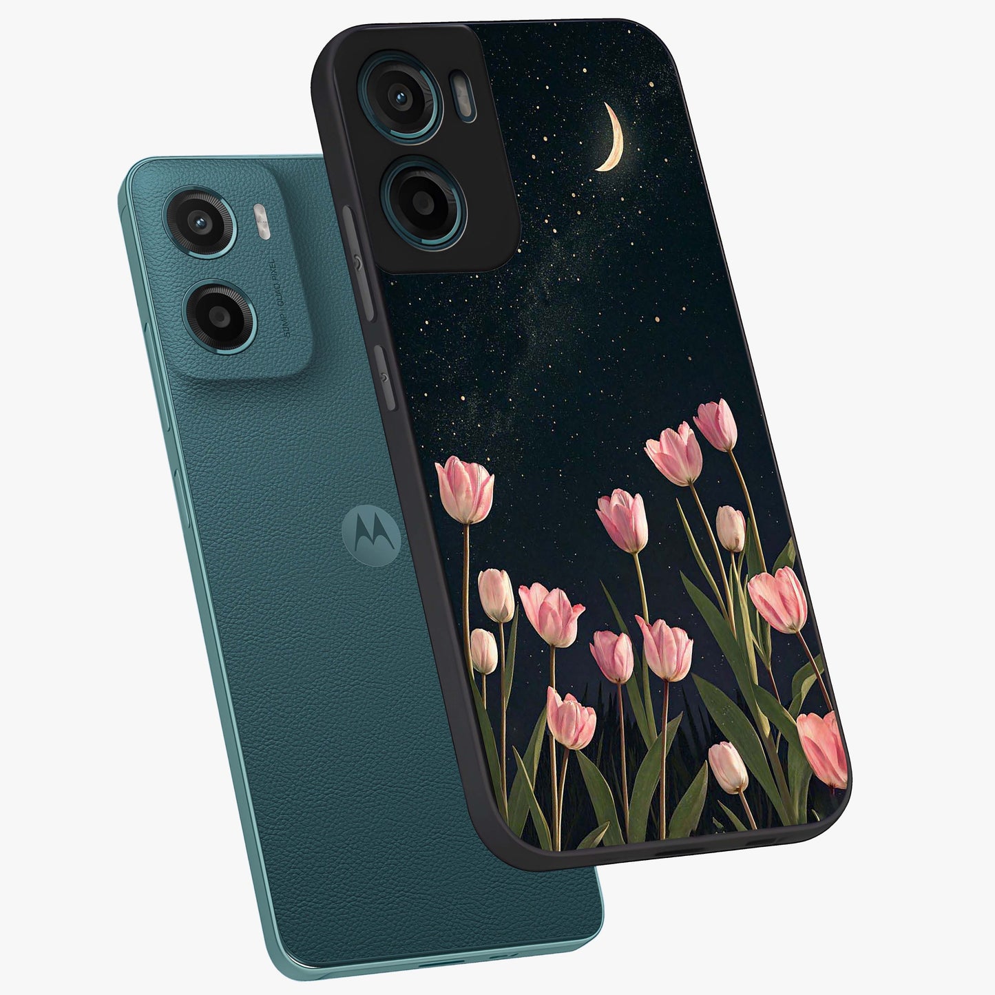 Midnight Tulip Whispers Vibe Glass Case displayed in angled mockup highlighting delicate tulip design with midnight floral aesthetic.
